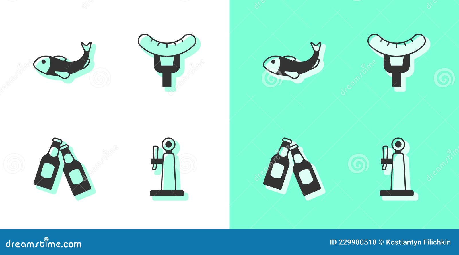 Set Beer Tap, Dried Fish, Bottle and Sausage on the Fork Icon. Vector