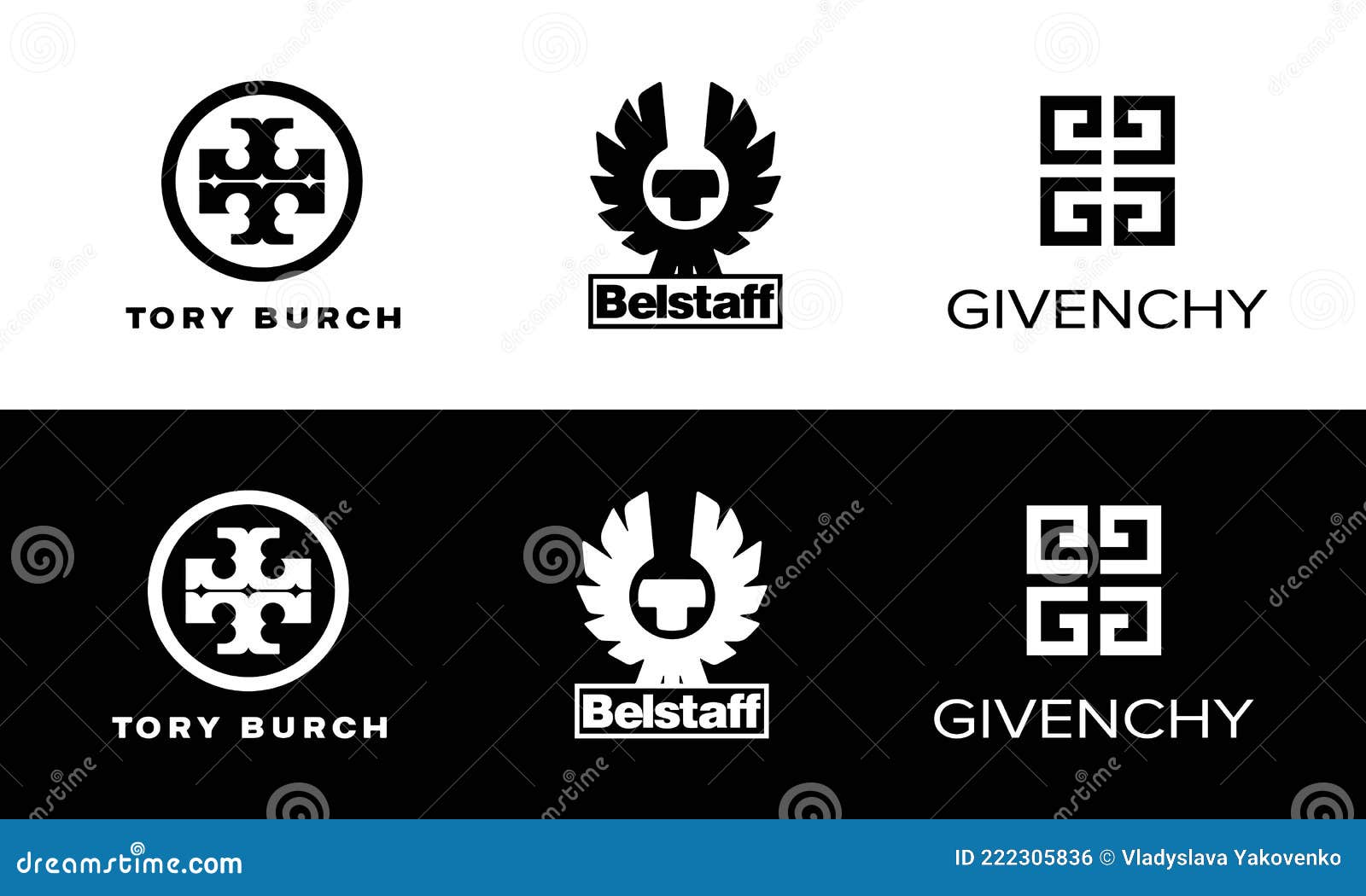 Set of Belstaff, Givenchy, Tory Burch. Logo Popular Clothing Brand