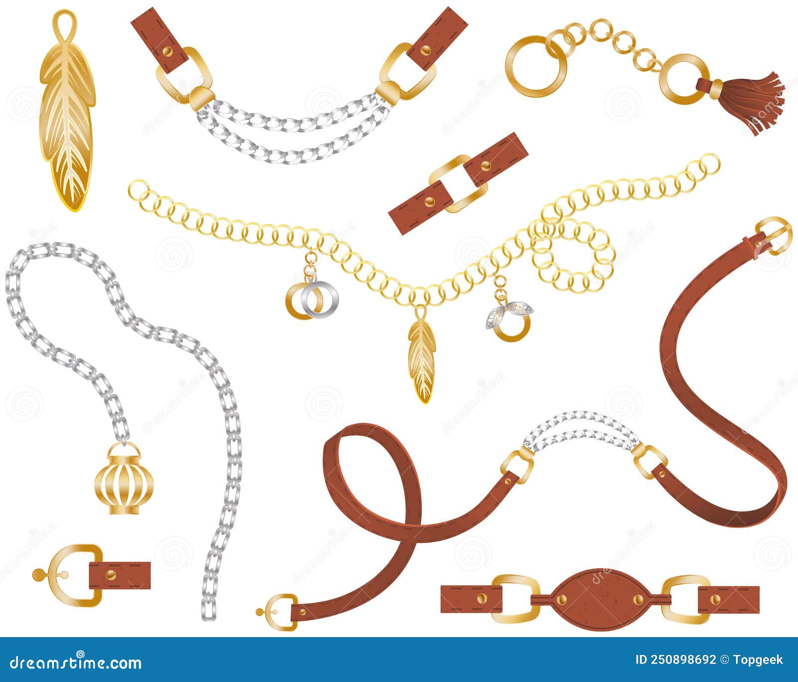 Set of Belt Elements, Chain and Braid, Gold and Silver Links and