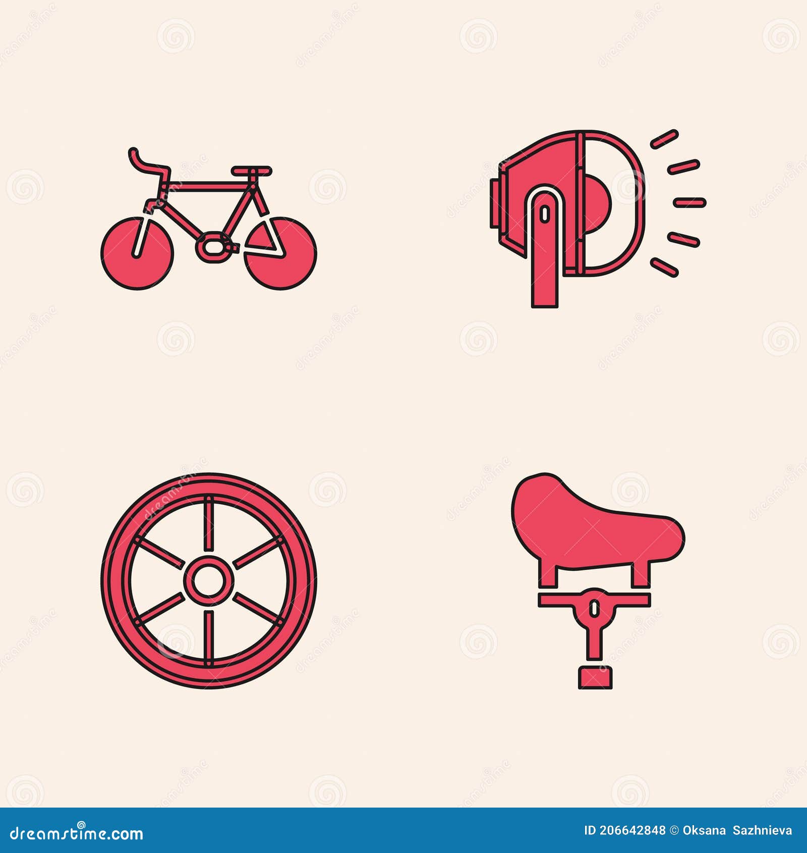 Set Bicycle Seat, , Head Lamp and Wheel Icon. Vector Stock Illustration