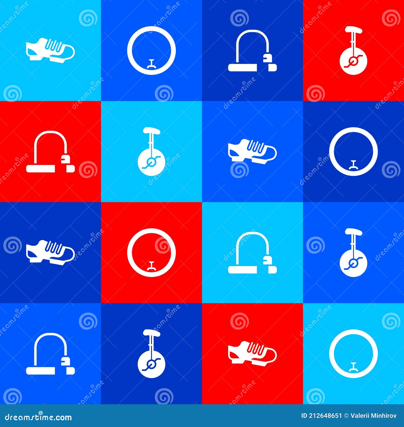 Set Bicycle Shoes, Wheel, Lock and Unicycle or One Bicycle Icon. Vector