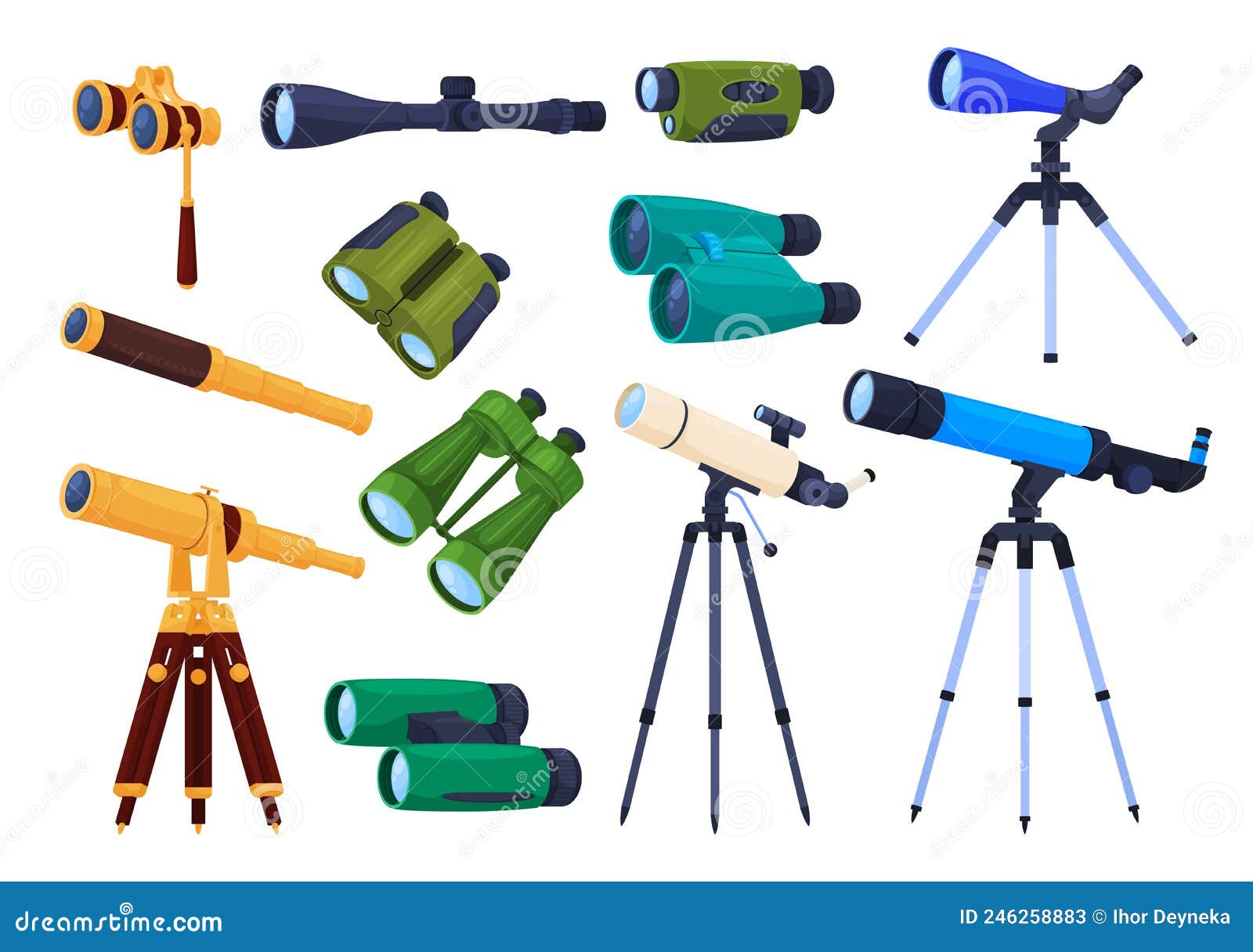 Set of Binoculars and Telescopes of Different Types. Modern and Ancient