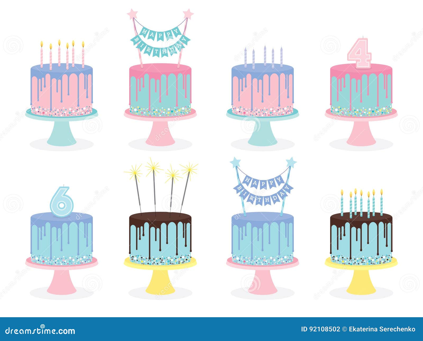 Set of Birthday Cakes with Candles and Decoration Stock Vector