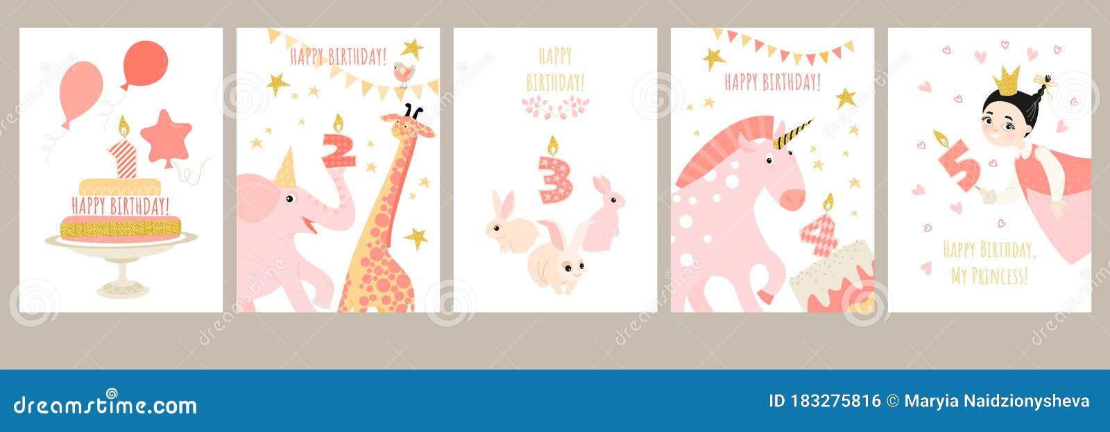 Set of Birthday Cards for Girls with Cute Cartoon Characters, Animals,  Cakes with Candles and Decorations in Pink Stock Vector - Illustration of  decoration, children: 183275816