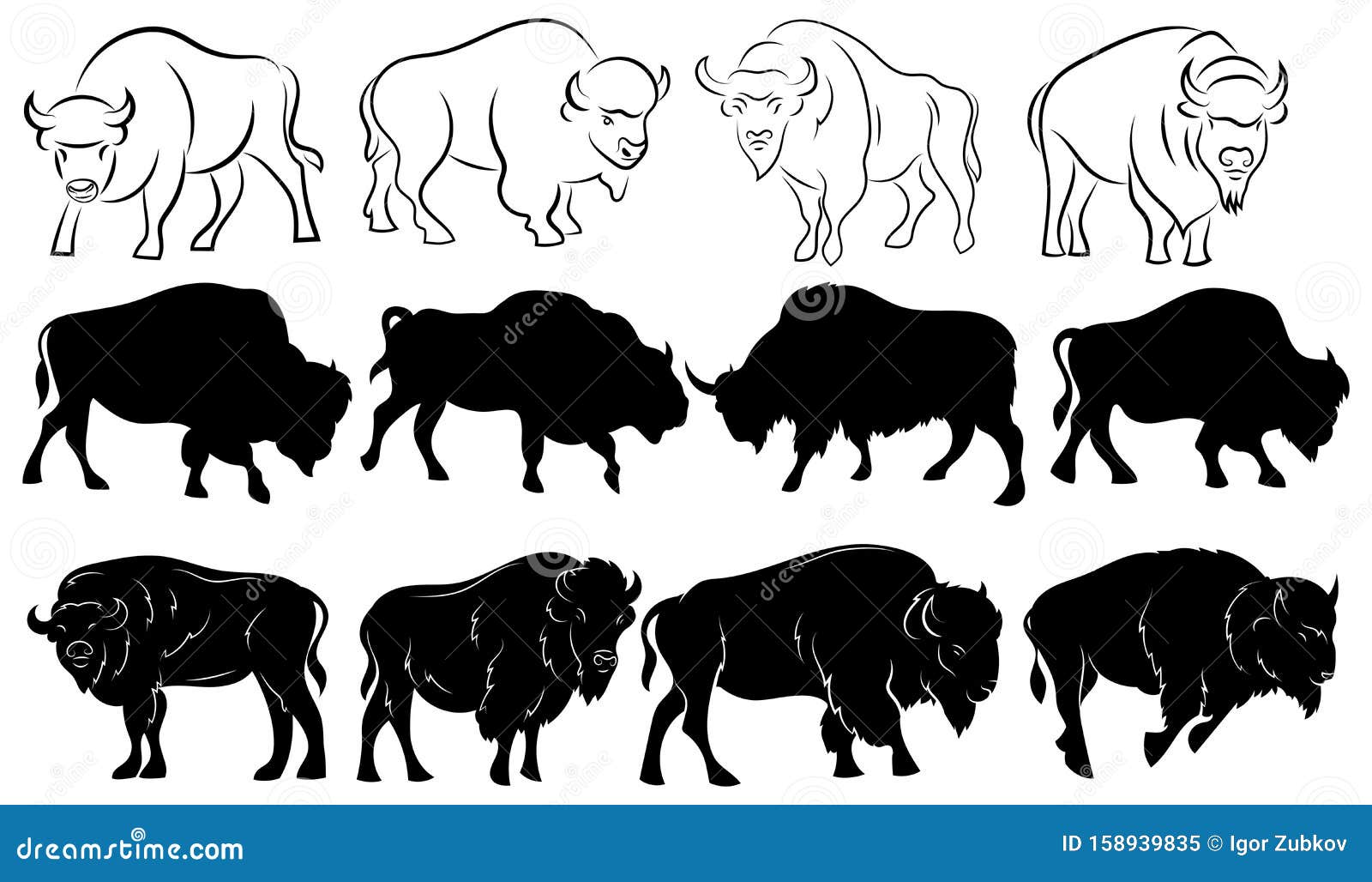 Set of Bison. Collection of Stylized Bison Silhouettes. Black and White  Illustration of a Large Horned Animal. Tattoo. Stock Vector - Illustration  of logotype, isolated: 158939835