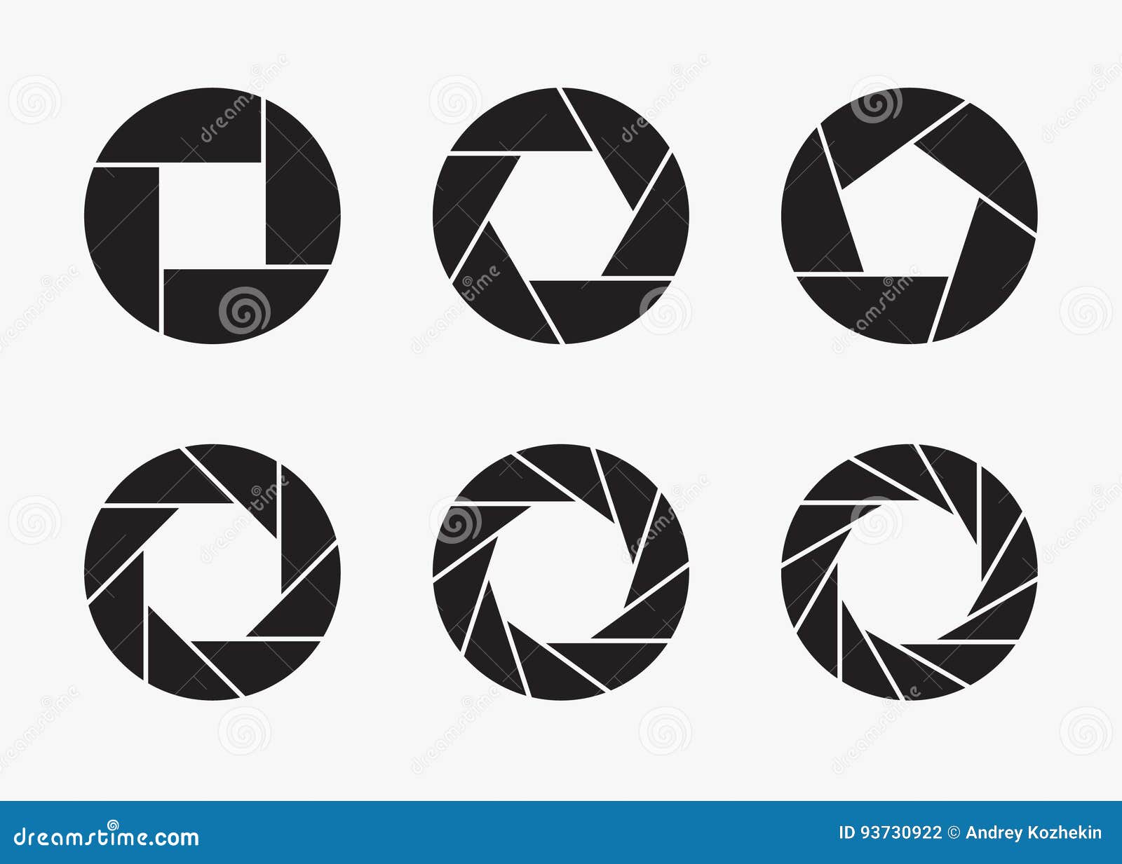 set of black camera lens aperture icons.