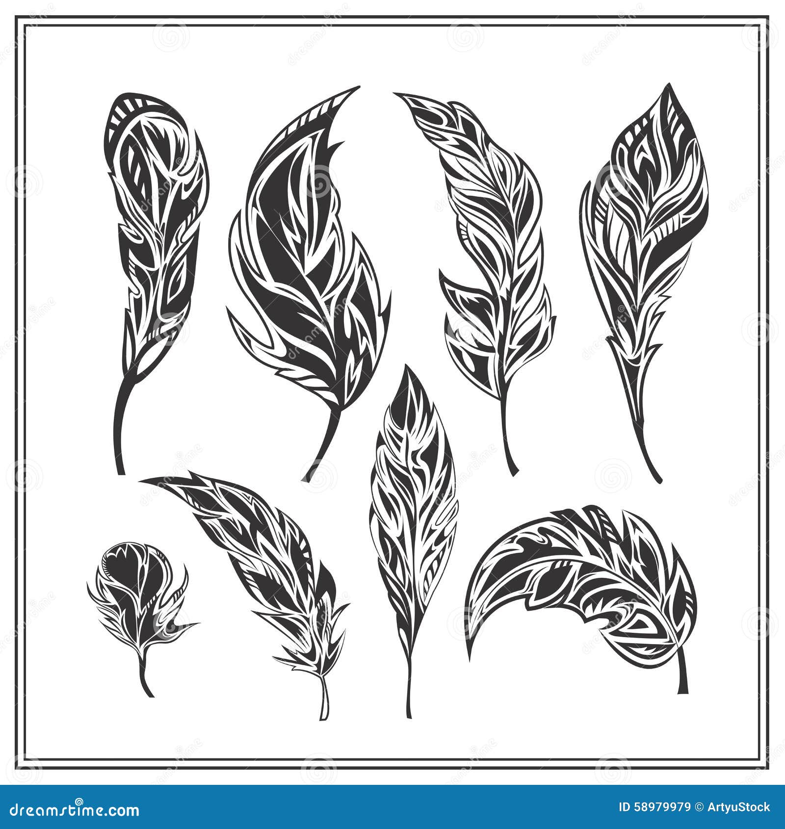 Set of Black Decorative Feathers on a White Stock Vector - Illustration ...