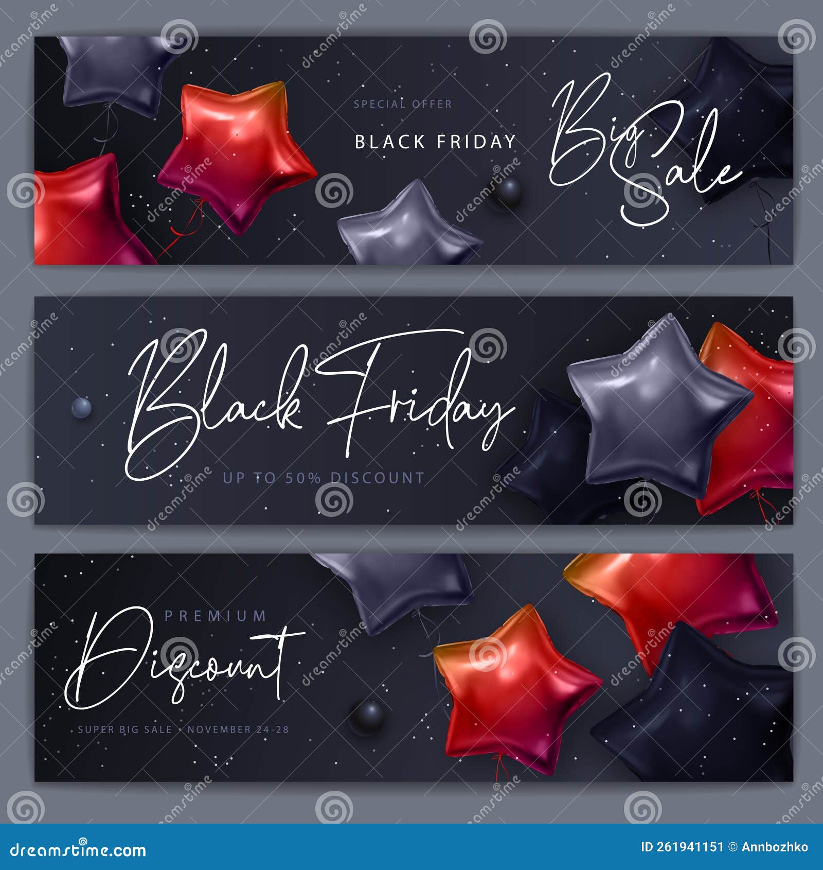 set of black friday big sale typography banners with  black and red star d balloons.