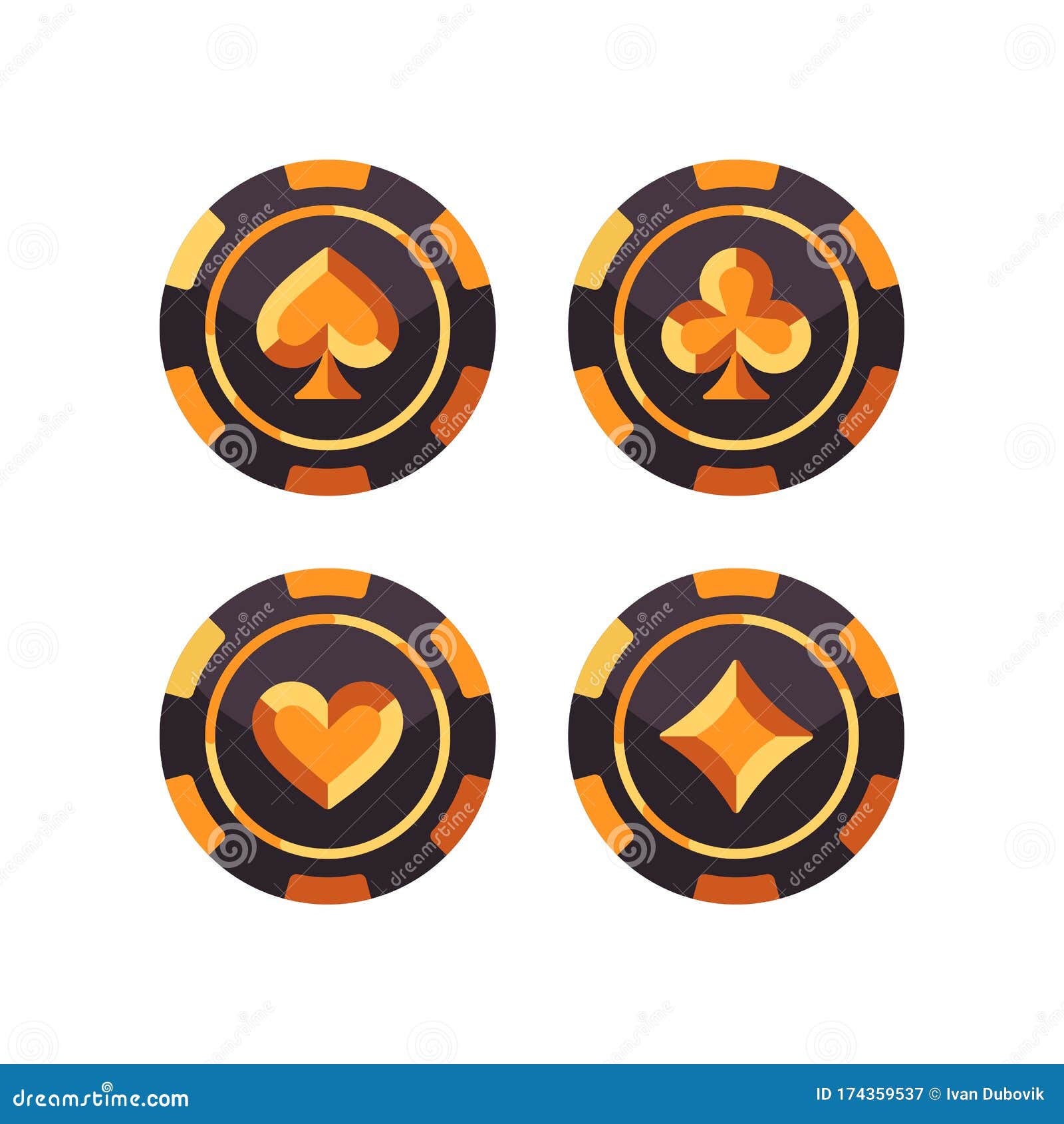 Set of Black and Gold Poker Chips. Casino Flat Illustration Stock