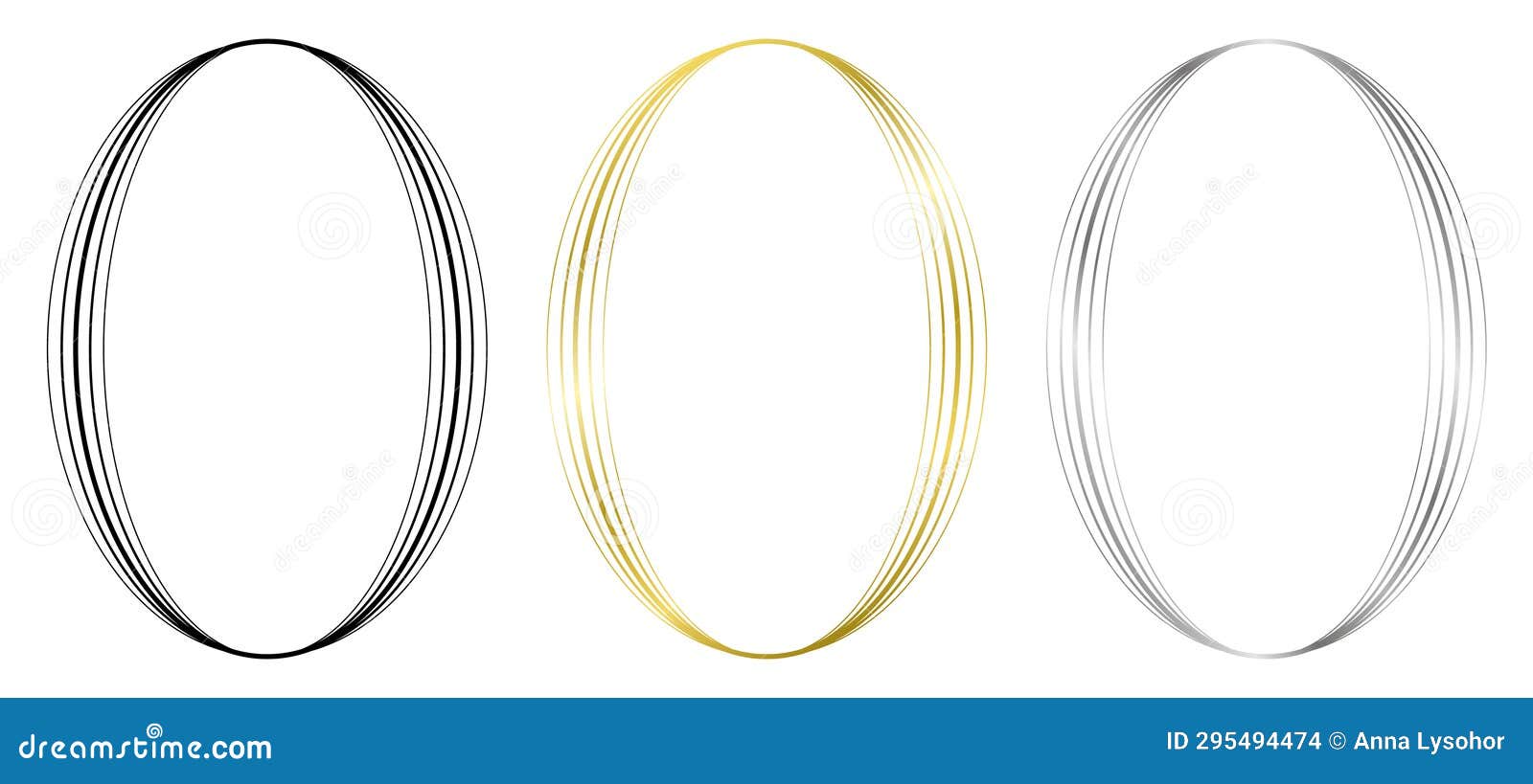 Set of Black, Golden and Silver Oval Frames Stock Vector Illustration