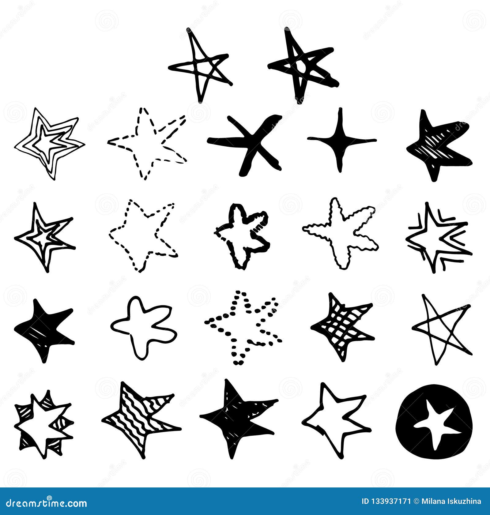 Set Of Black Hand Drawn Vector Stars In Doodle Style On White