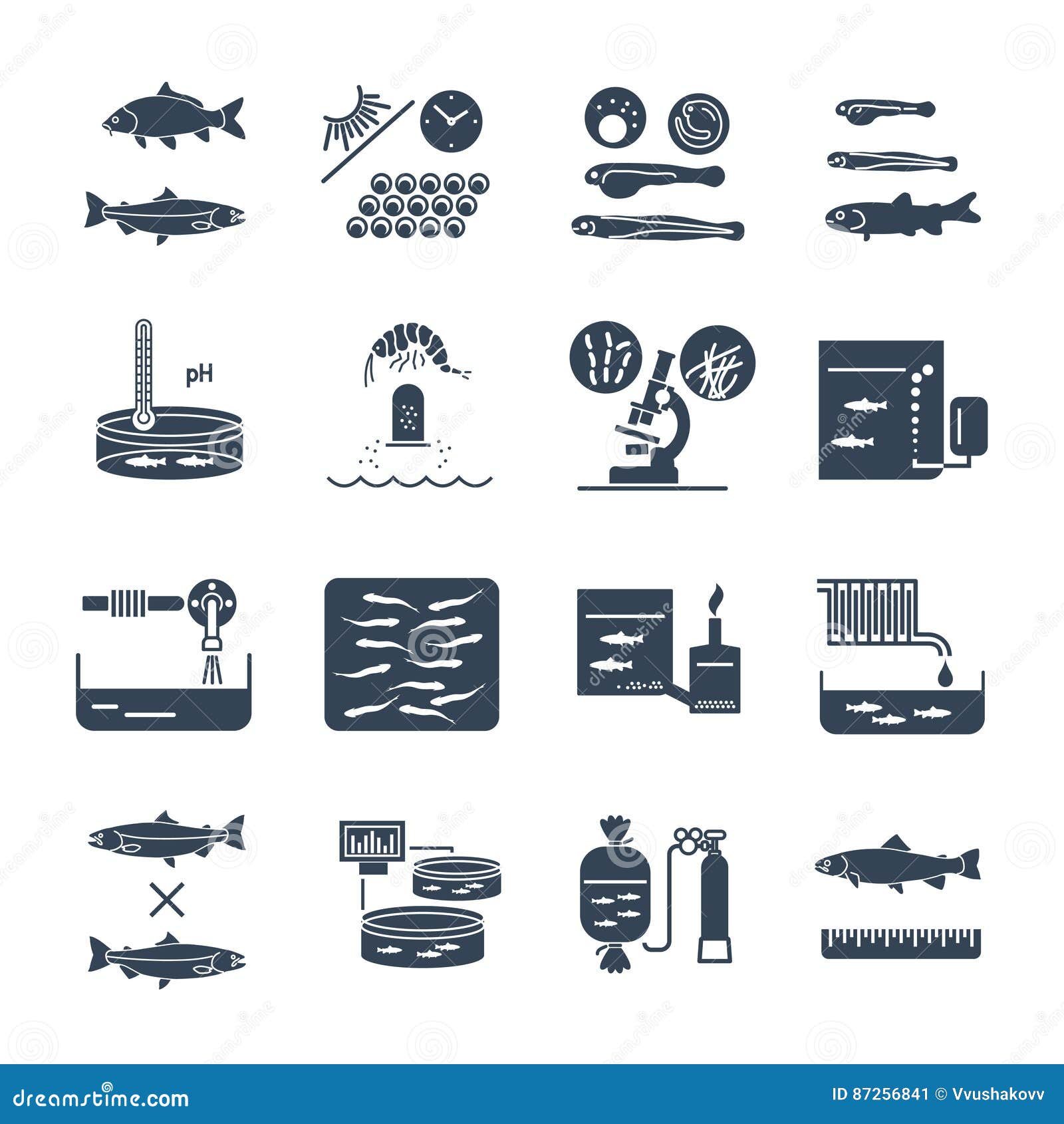 set of black icons aquaculture production, fish farming