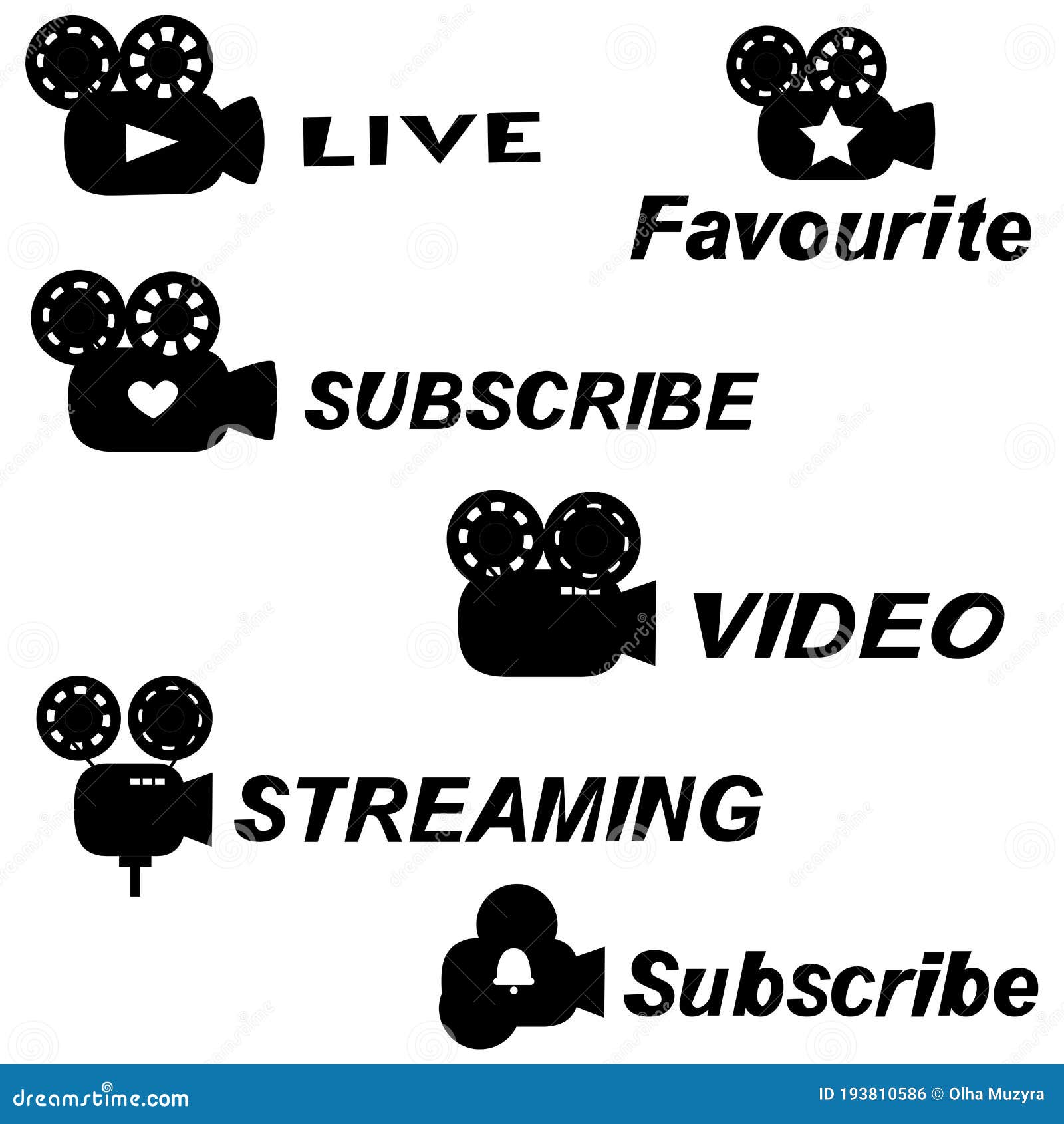 set of black icons of old camer - s of online streaming, live video, subscribe and favourite for blog