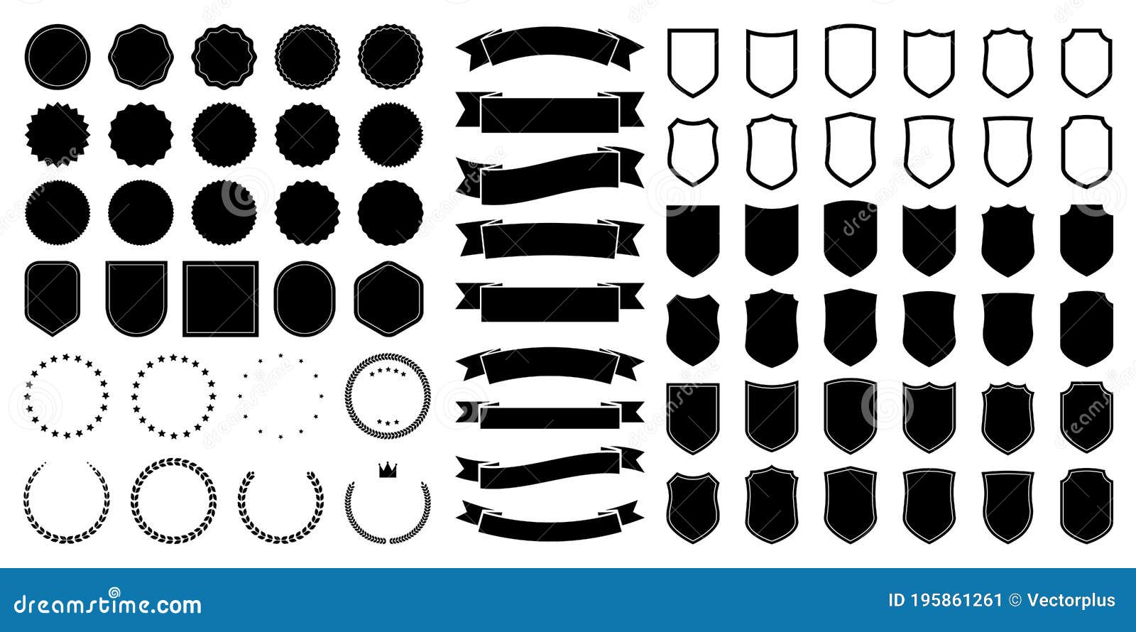 Set Of Black Round, Triangular And Hexagonal Badges And Ribbons. Vector ...
