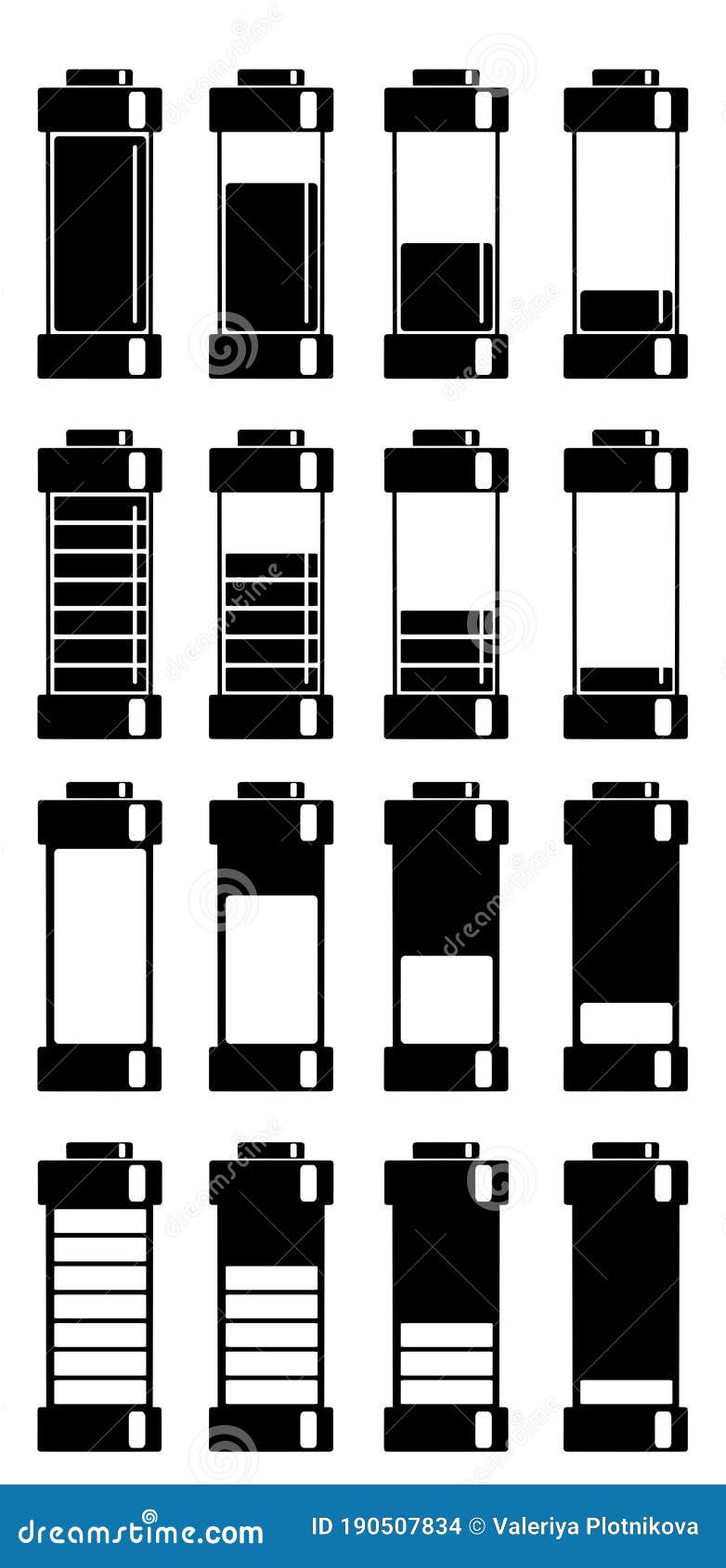 Set of Black Silhouette Various Types of Various Batteries Charge