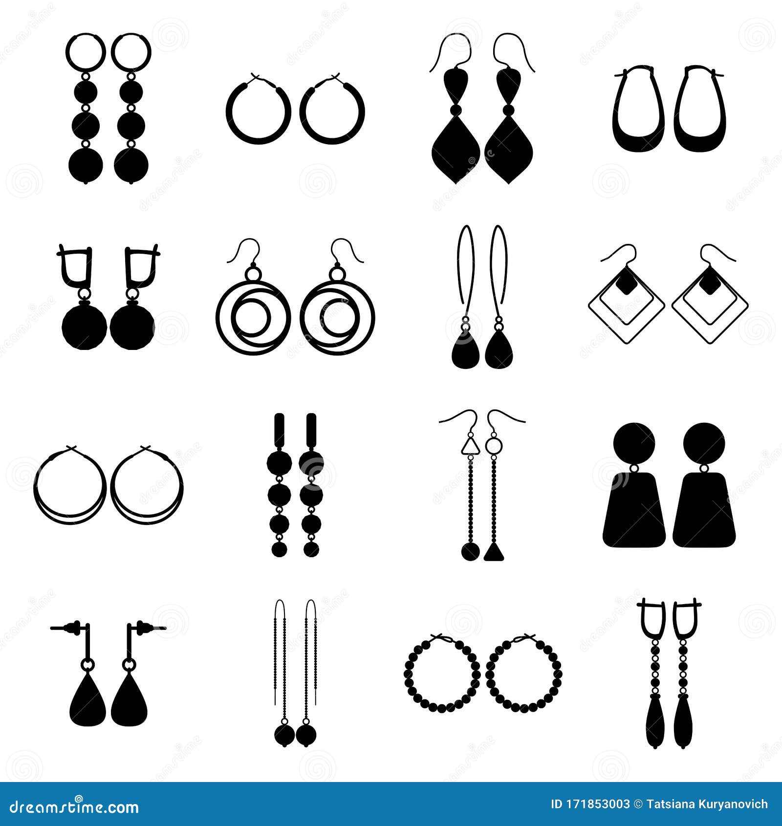 Set of Black Silhouettes of Earrings, Vector Illustration Stock Vector