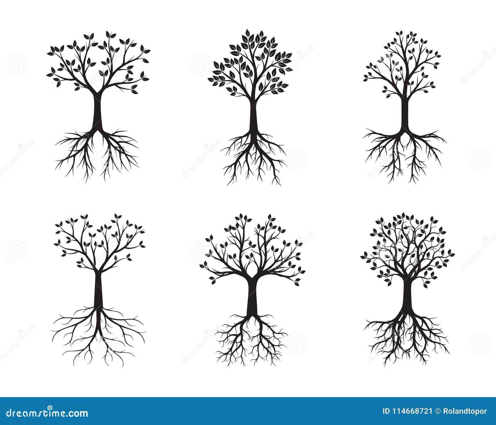 Set of Black Trees with Leaves and Roots. Stock Illustration