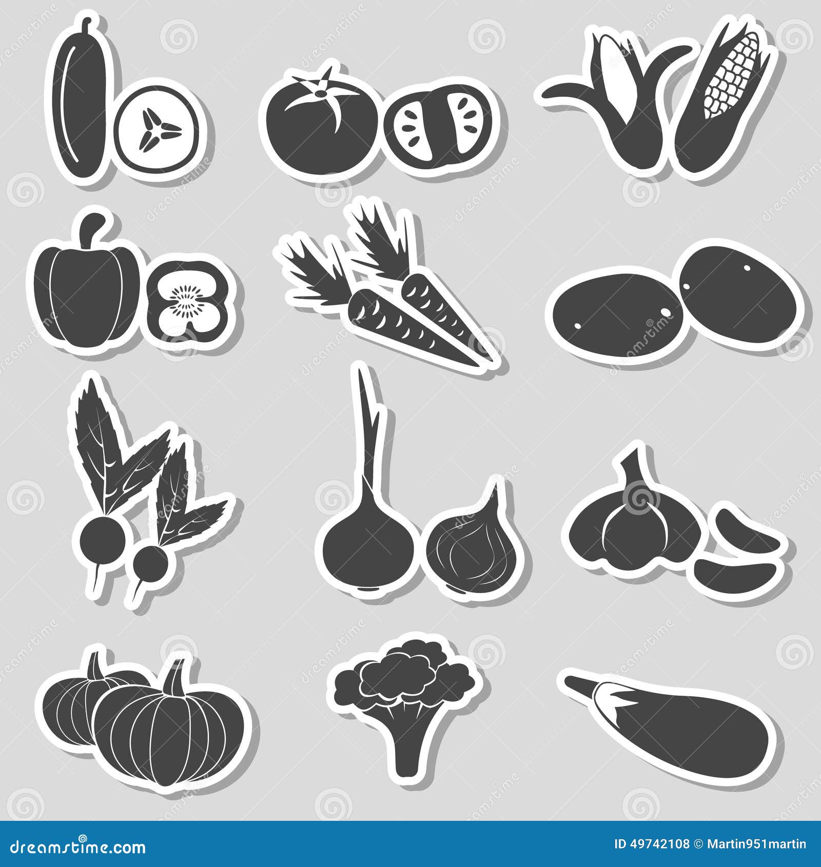 Set of Black Various Vegetables Stickers Stock Vector - Illustration of ...