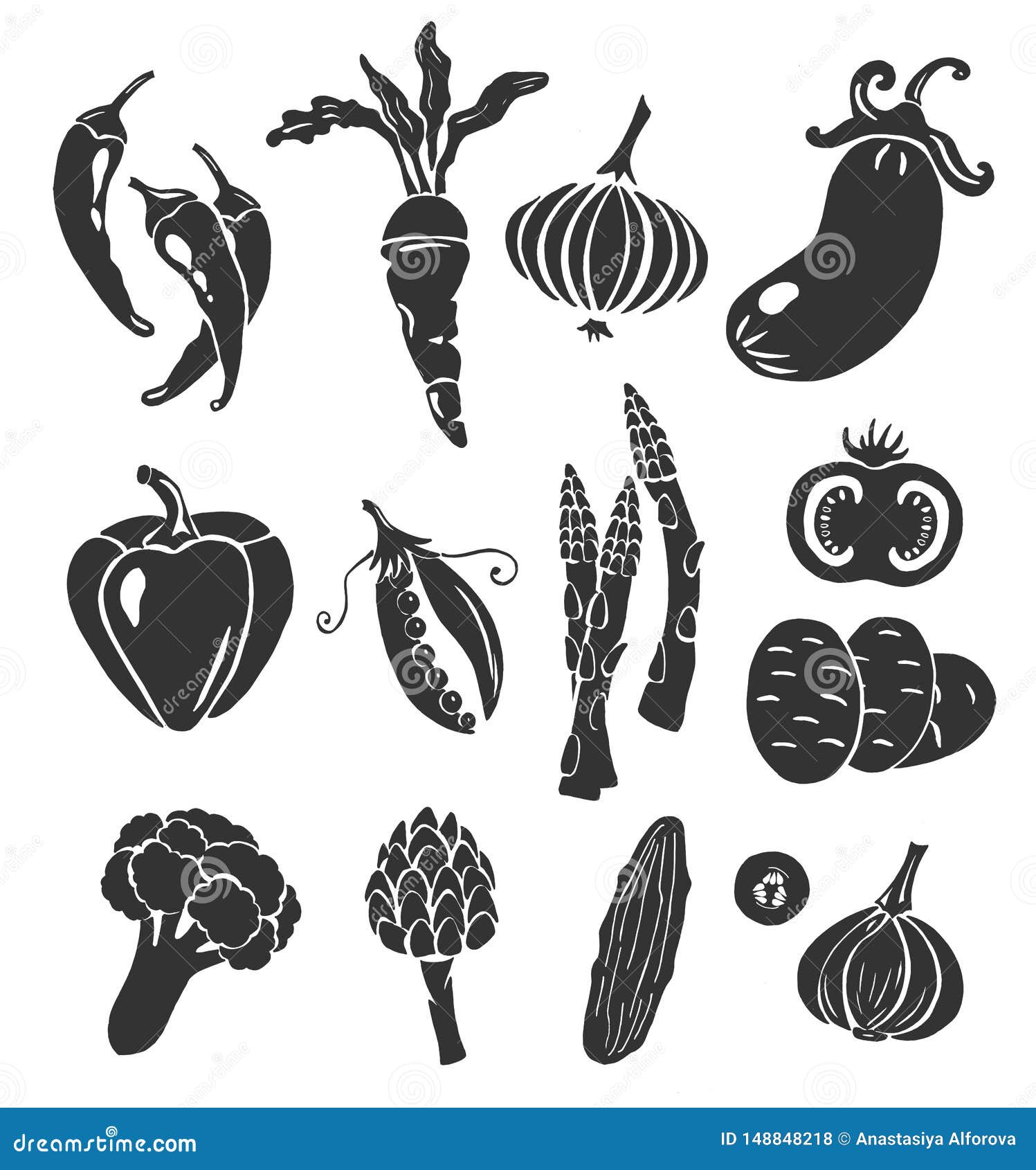 Set of Black Vegetables Stencils Stock Vector Illustration of drawn