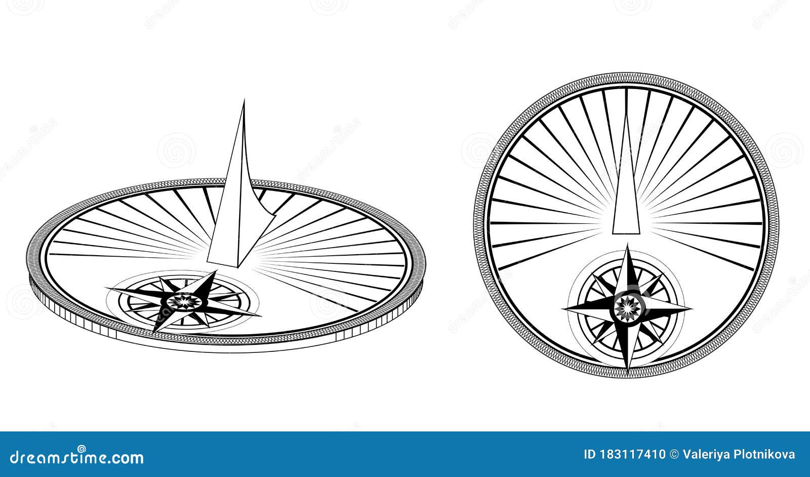 set of black and white ancient sundials  on a white background. old time dimension.  contour object