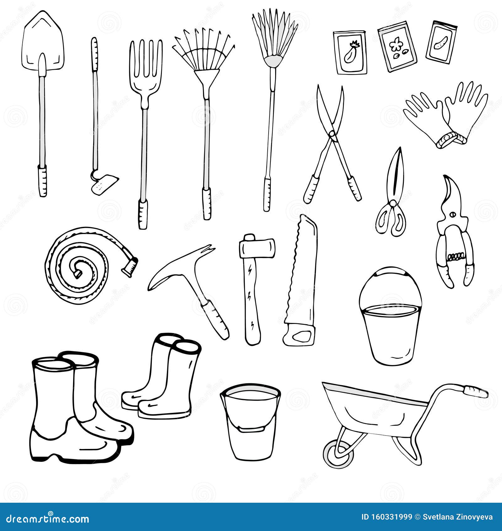 Hand drawn set of gardening doodle. Garden tools, agriculture, equipment in  sketch style. Wheelbarrow with flowers, watering can, shovel, secateurs.  Vector illustration isolated on white background. 7806918 Vector Art at  Vecteezy