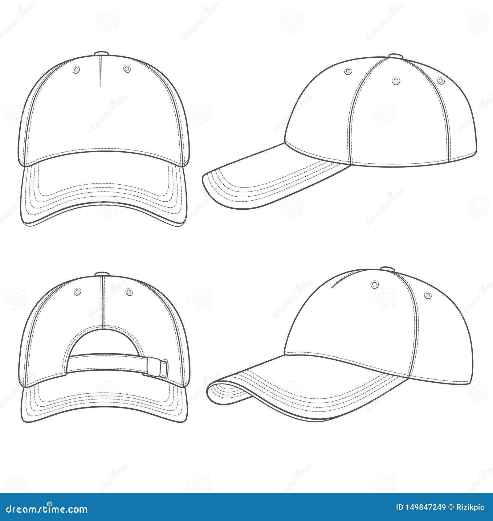 Set of Black and White Illustrations with a Baseball Cap. Isolated ...