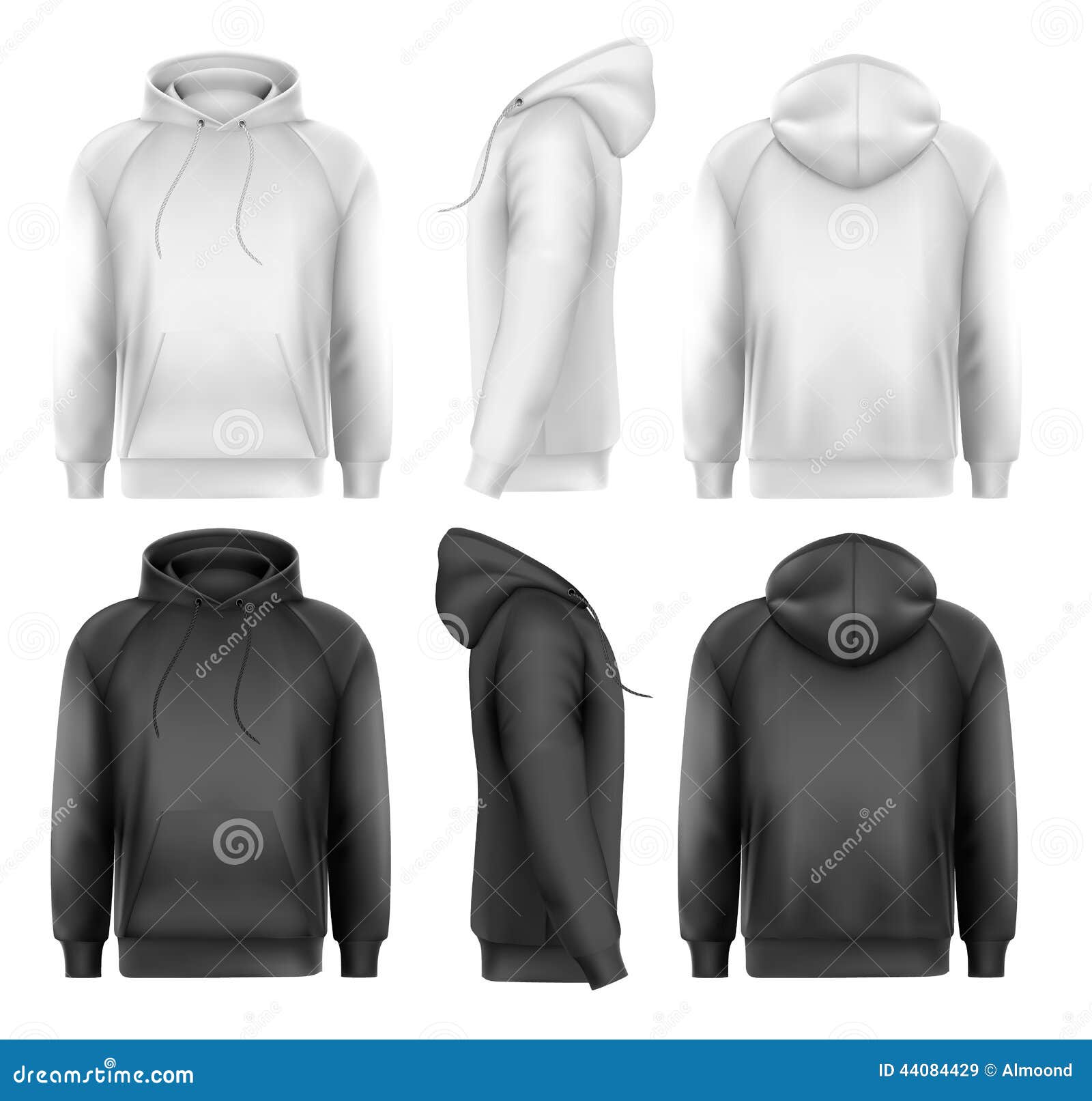 Set of Black and White Male Hoodies with Sample Text Space. Stock