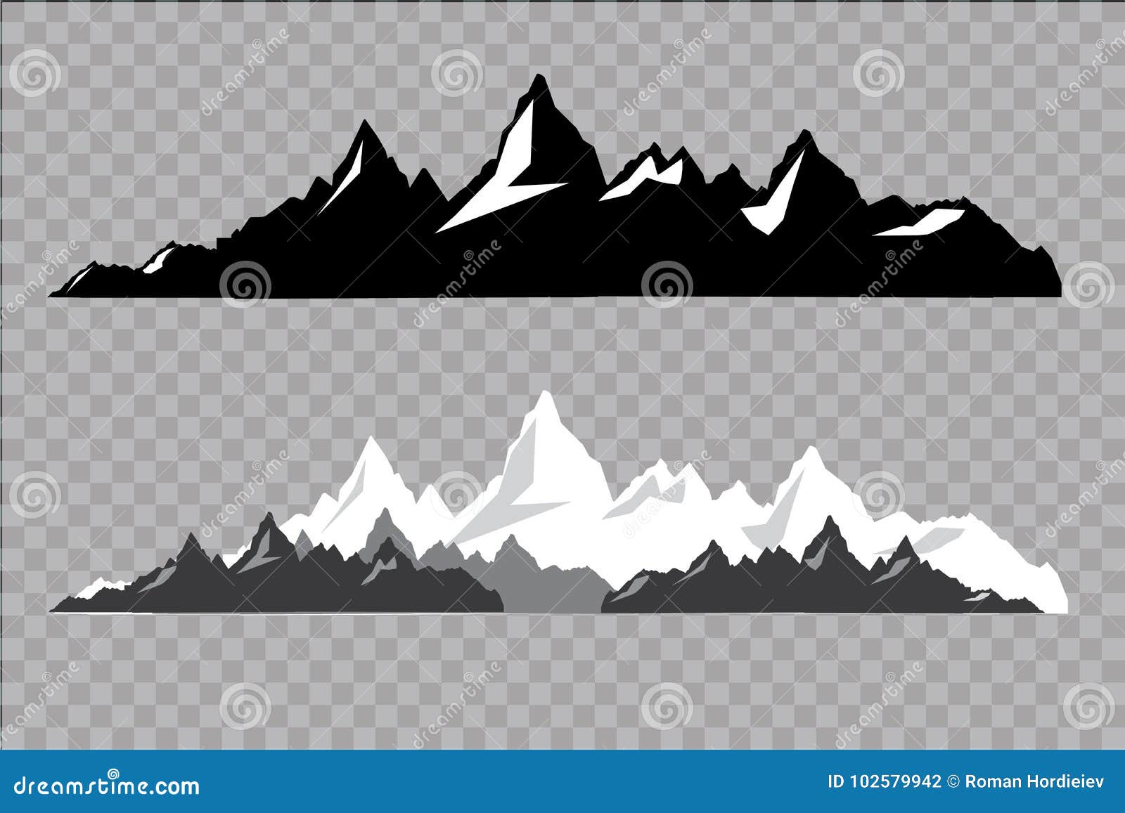 Set of Black and White Mountain Silhouettes.Background Border of Rocky