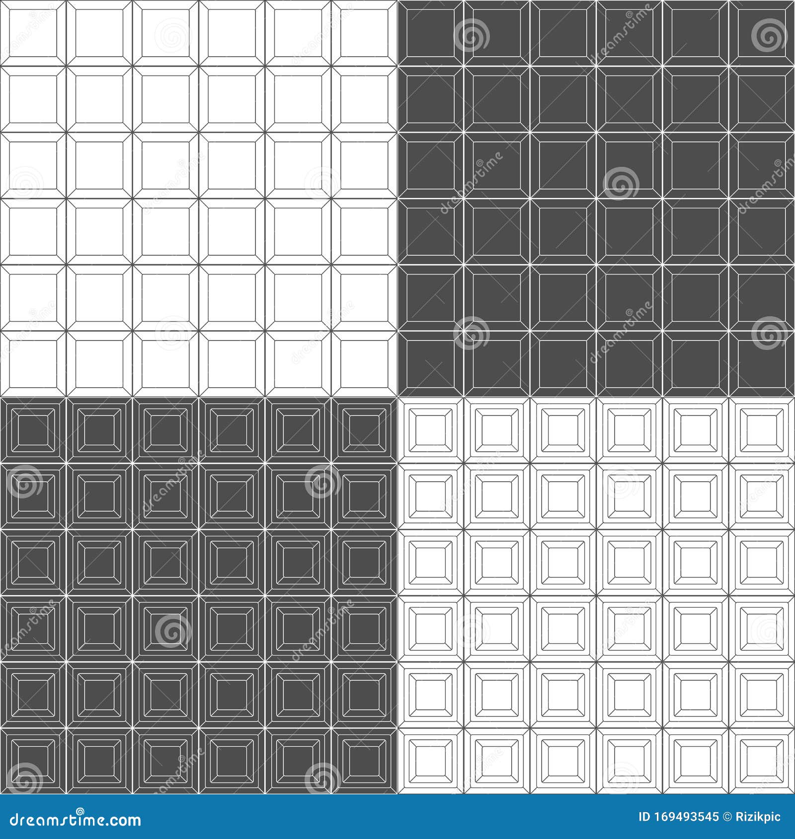 Set of Black and White Seamless Patterns with Square Geometric Shapes