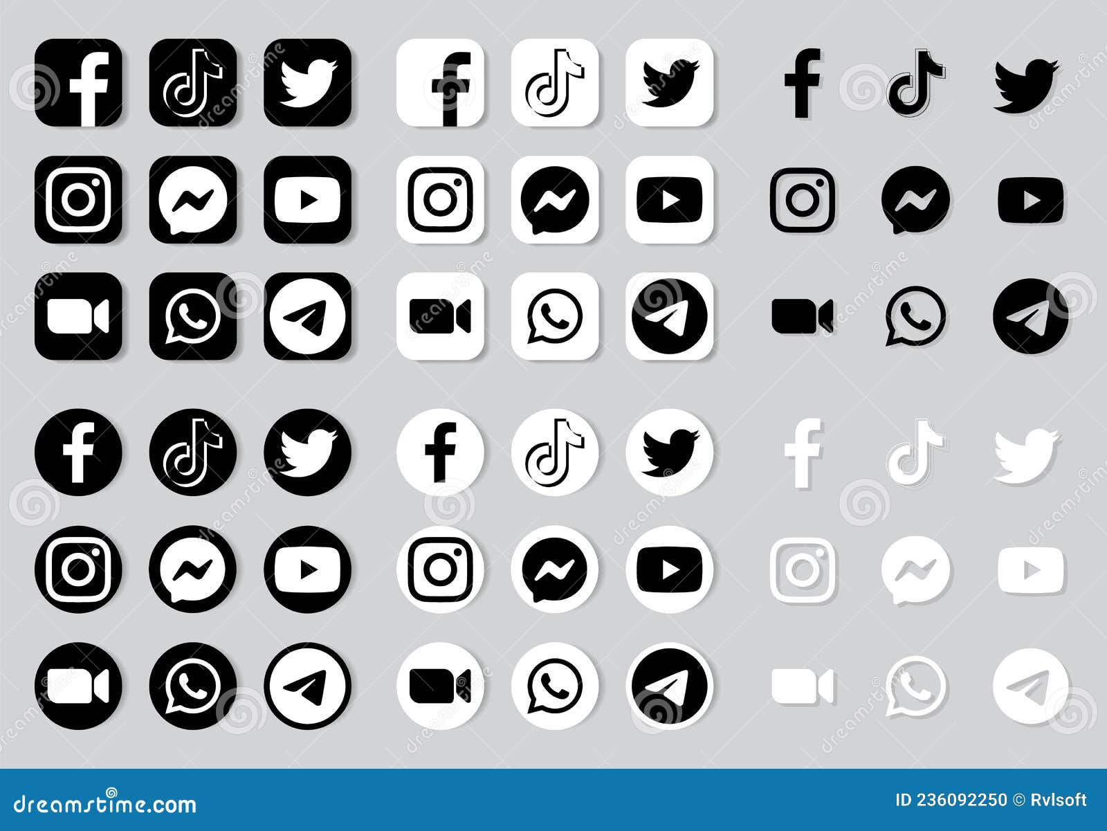 Set of Black and White Social Media and Mobile Apps Icons and Logos, in  Different Forms: Facebook, Twitter, Instagram, Youtube, Editorial Image -  Illustration of logotype, information: 236092250
