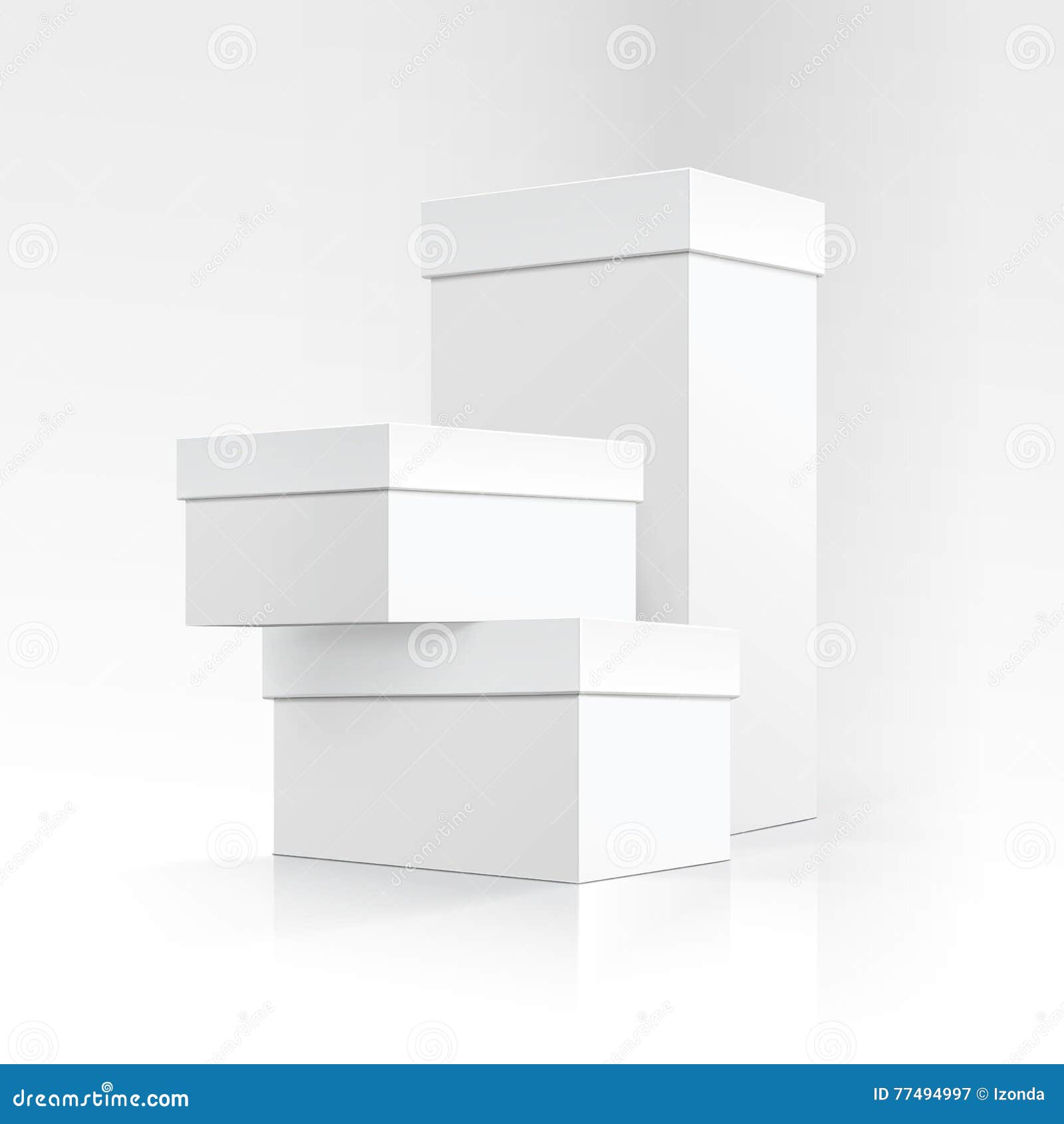Set of Blank White Carton Boxes of Different Sizes and Shapes in
