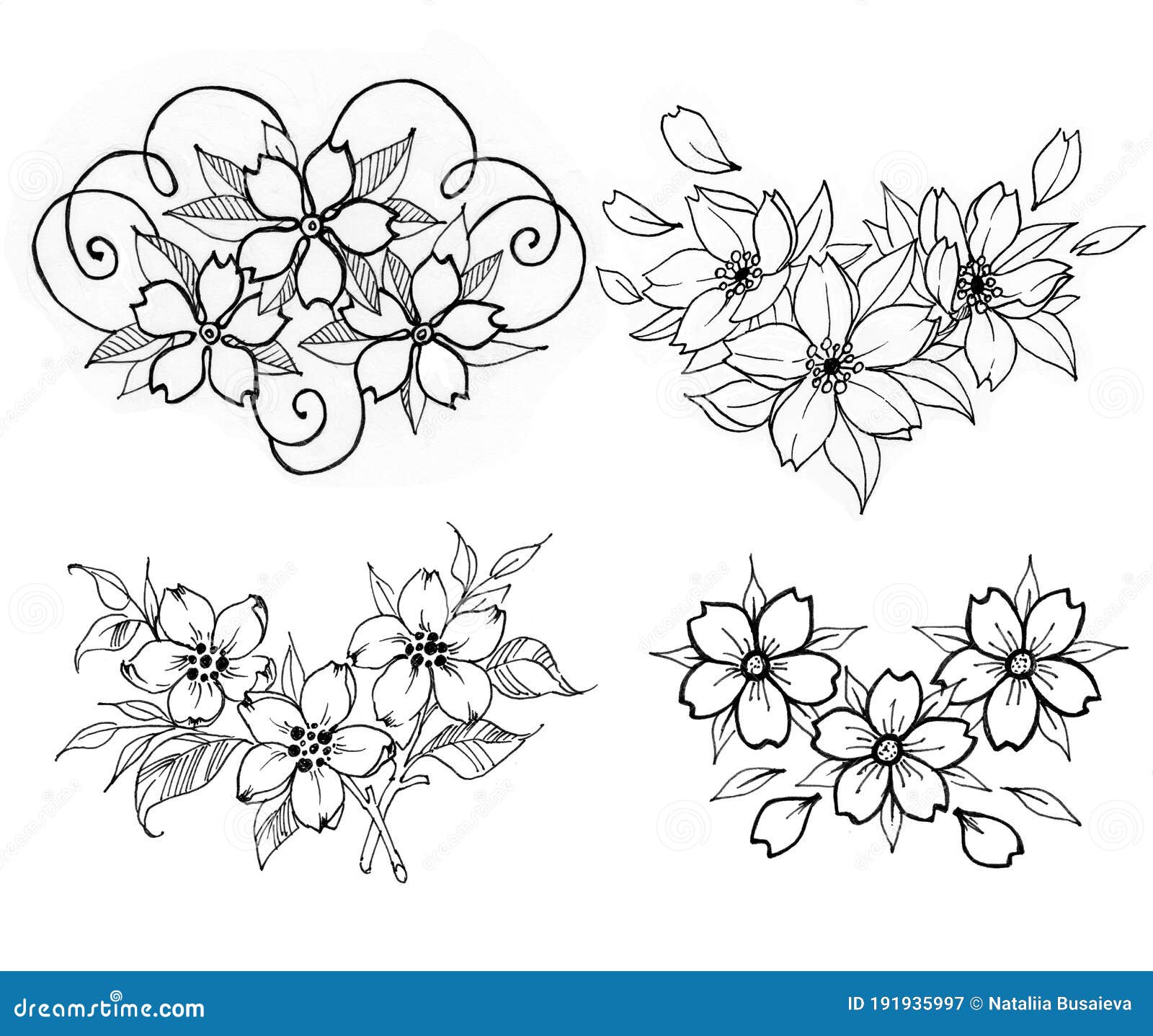 Collection of Blooming Flower Tattoos. Stock Illustration - Illustration of  black, plum: 191935997