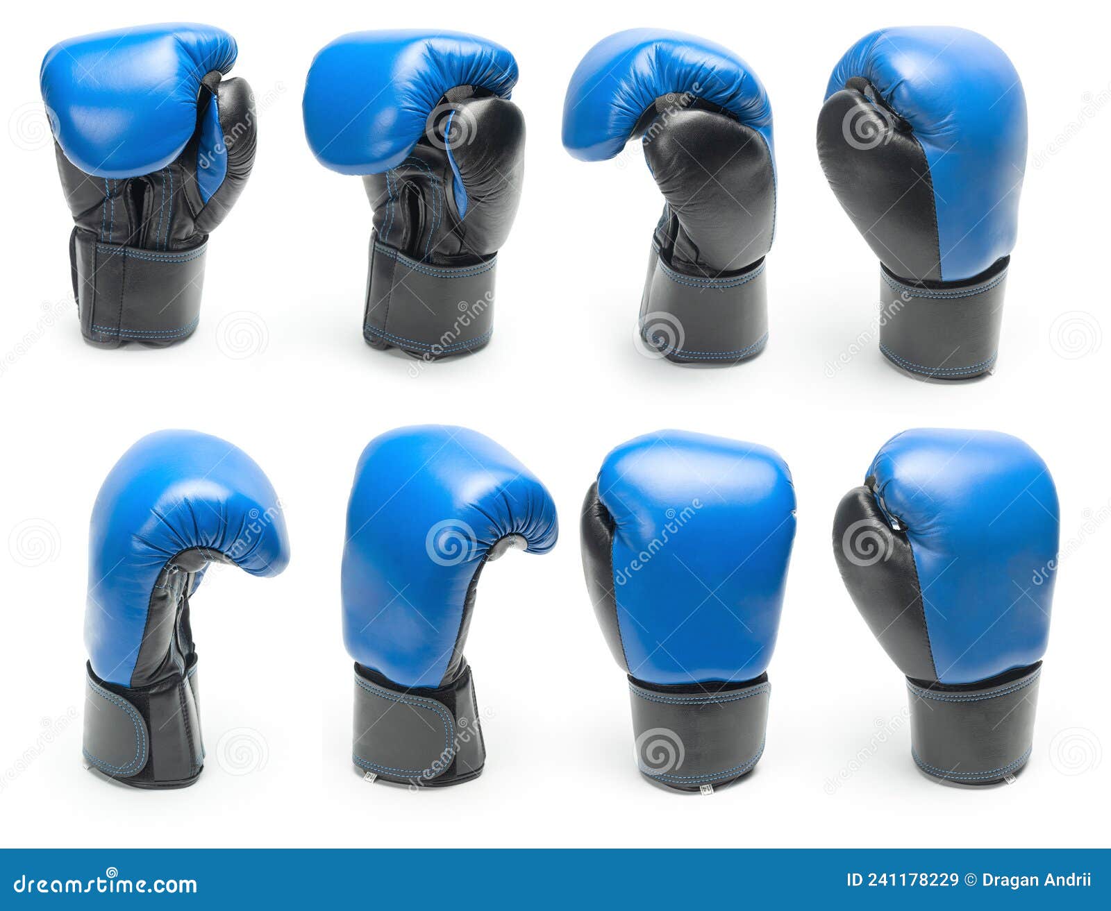 Set of Blue Boxing Gloves from Different Sides Isolated on White
