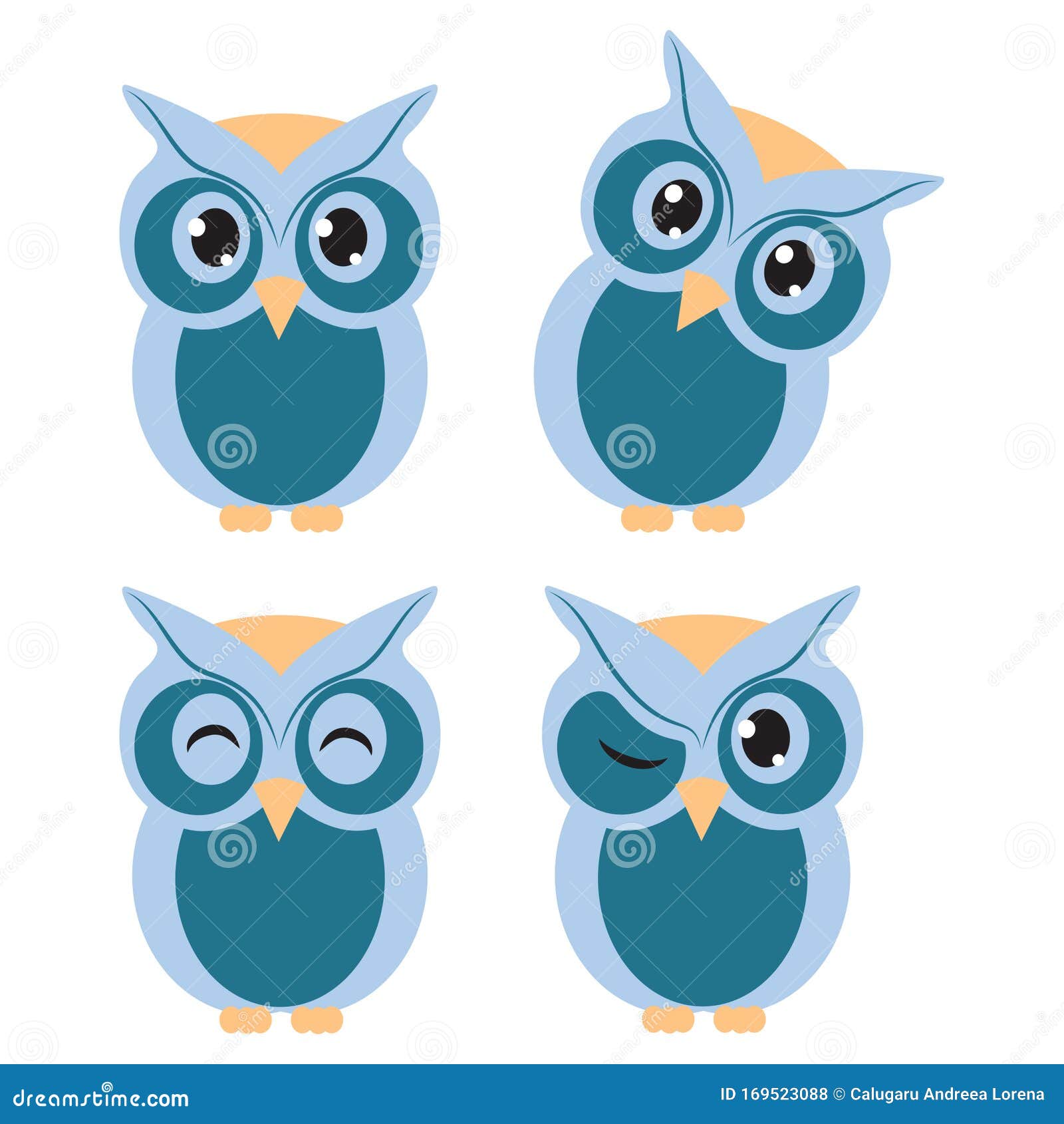 Set of blue cute owl stock vector. Illustration of character - 169523088