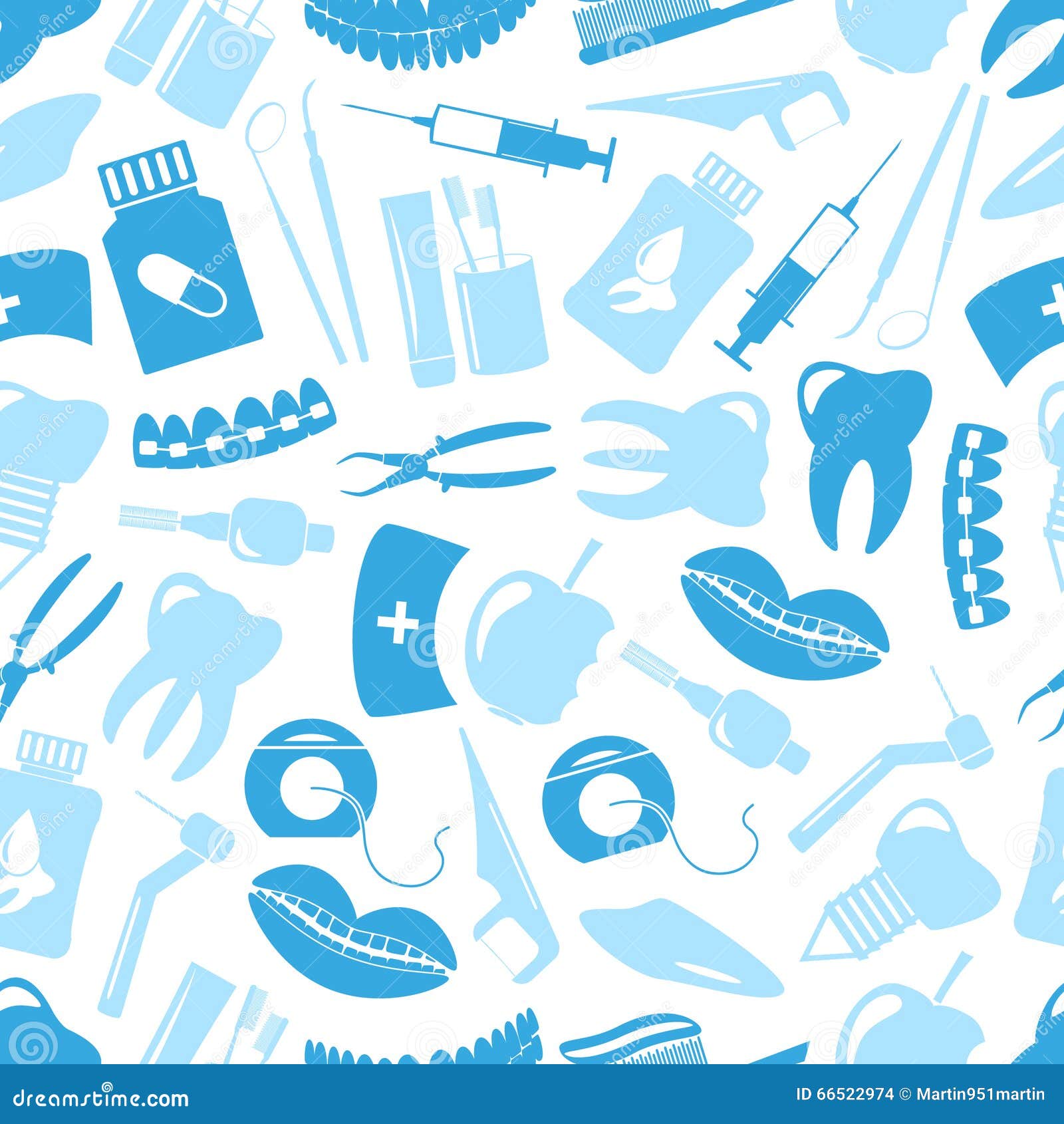 Set of Blue Dental Theme Icons Blue Seamless Pattern Stock Vector Illustration of crown, apple