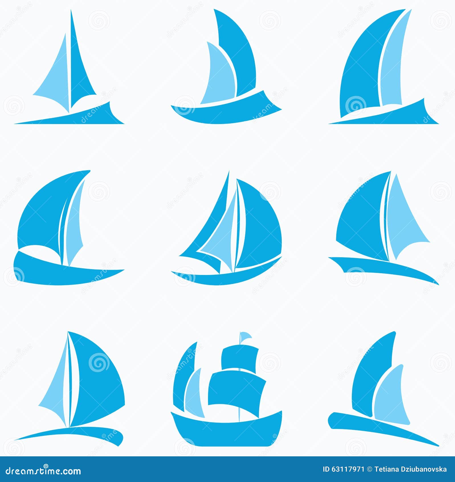 Set Of Blue Sailboat Icons On White Background. Stock Vector Image