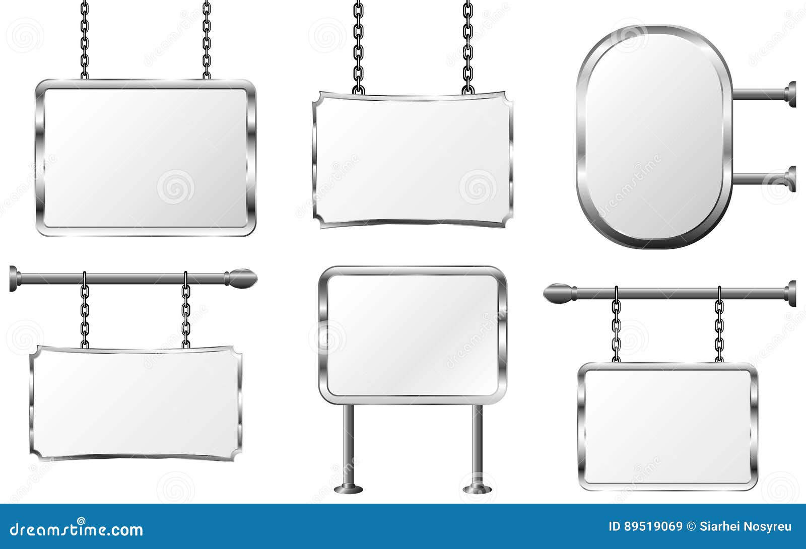 Set Board in a Metal Frame Hanging on Chains, Silver Signboard, Vector