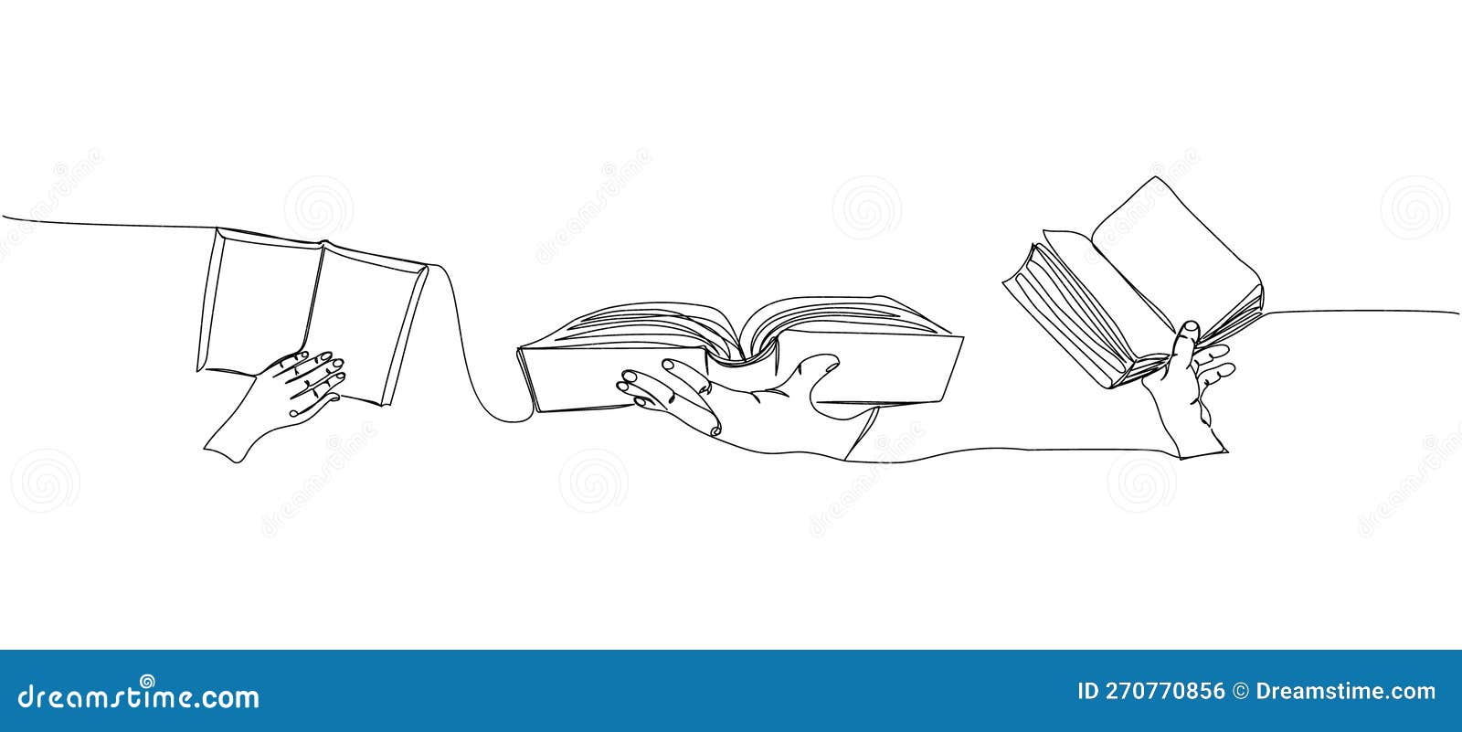 Hand holding open book. Line art. Reading, education concept. Hand