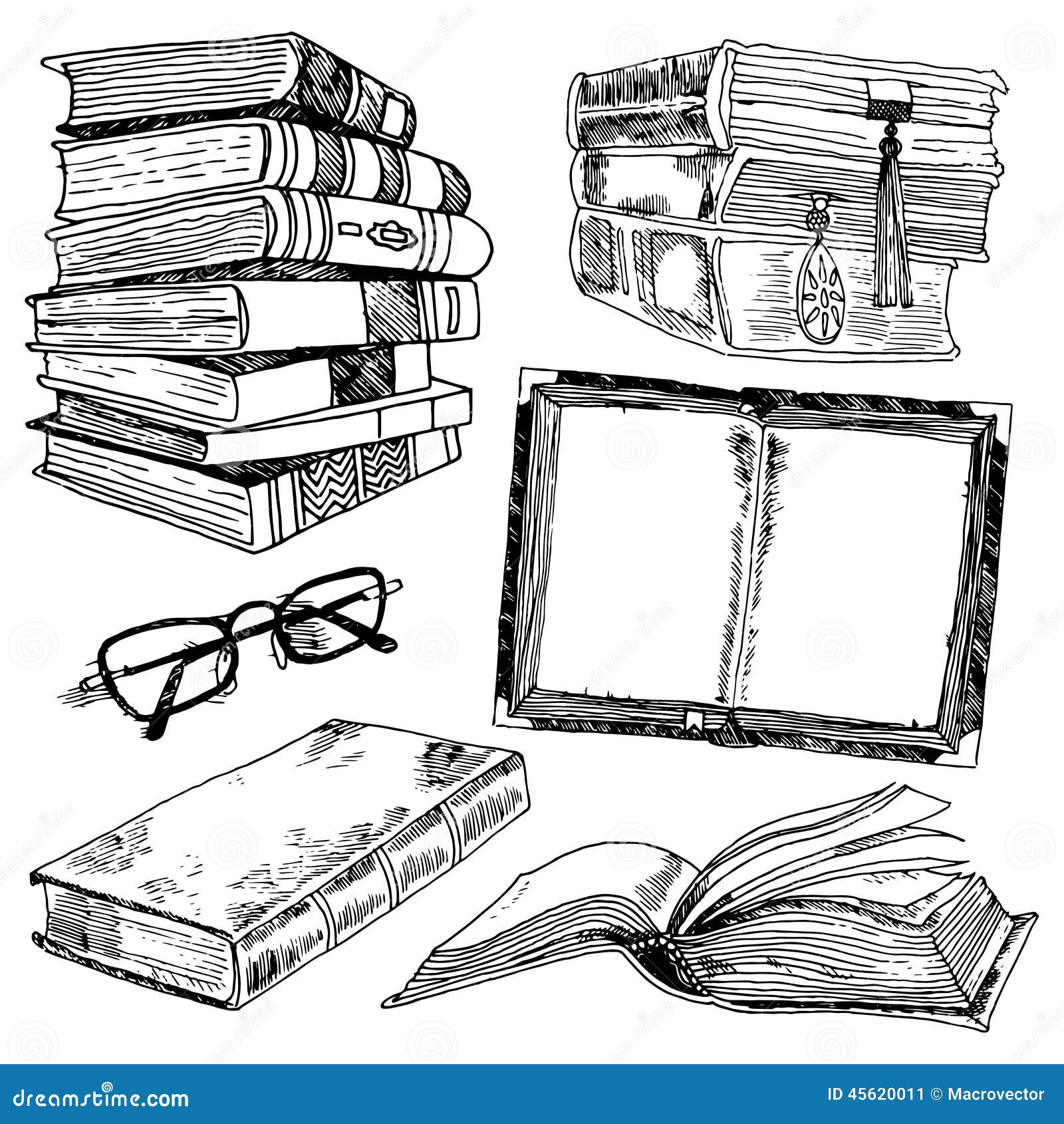 Sketch books and glasses isolated on white background. Stack of