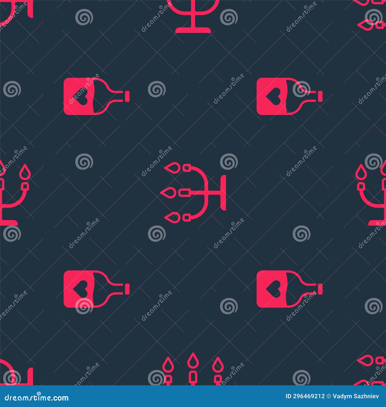 Set Bottle with Love Potion and Candlestick on Seamless Pattern. Vector