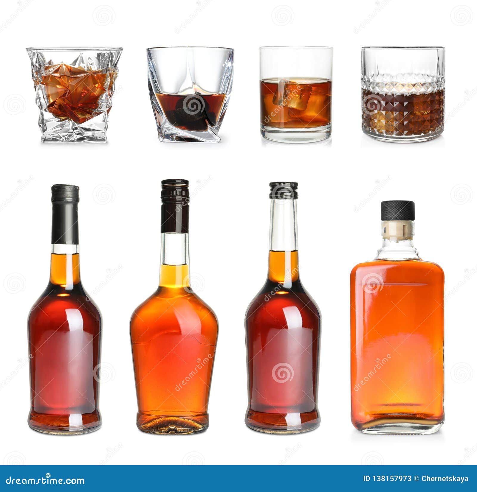Set of Bottles and Glasses with Expensive Whiskey Stock Image Image