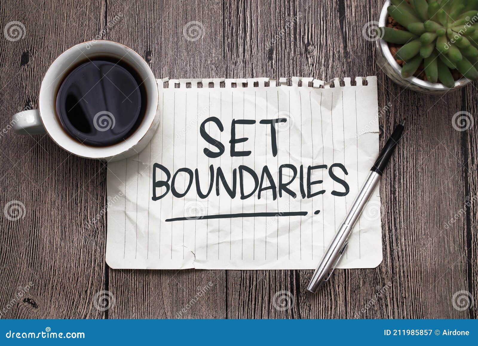 set boundaries, text words typography written on paper against wooden background, life and business motivational inspirational