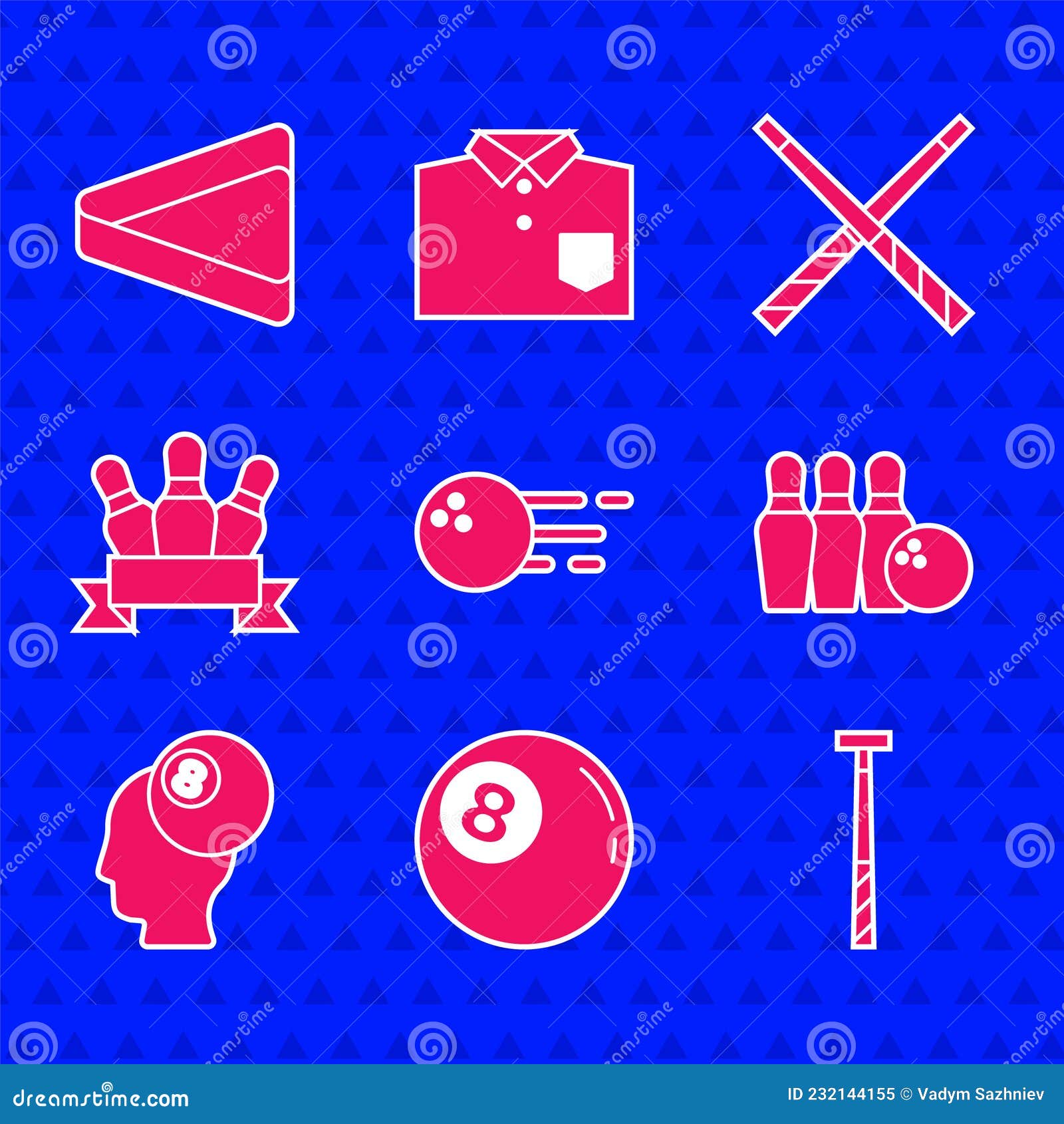 Set Bowling Ball, Billiard, Cue, Pin and, Crossed Billiard Cues and