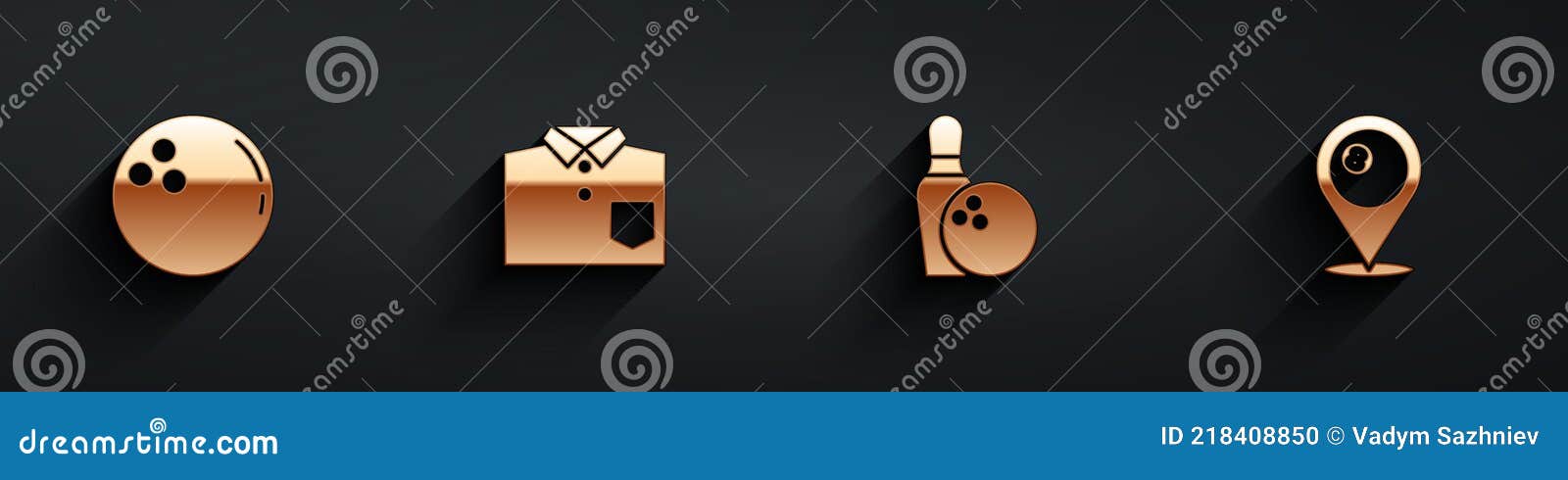 set bowling ball, shirt, pin and and location with billiard icon with long shadow. 