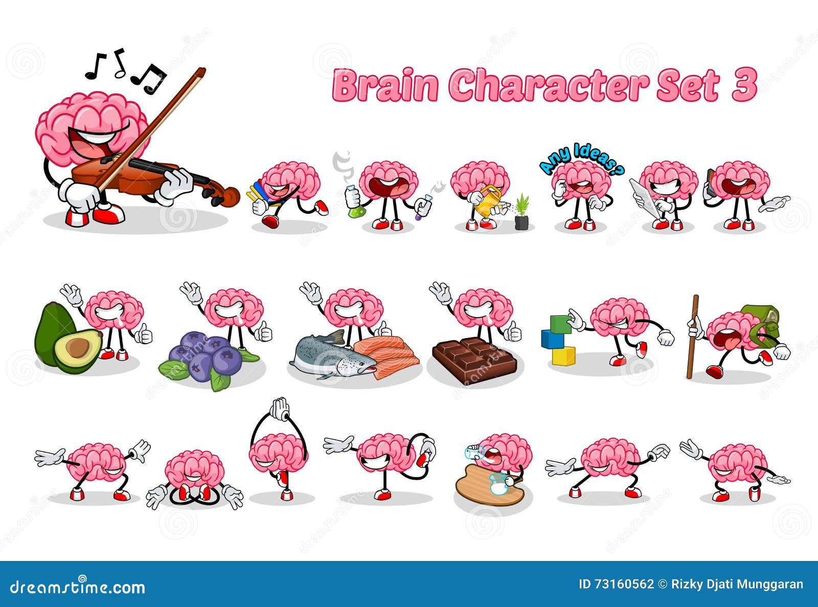 set of brain cartoon character three  