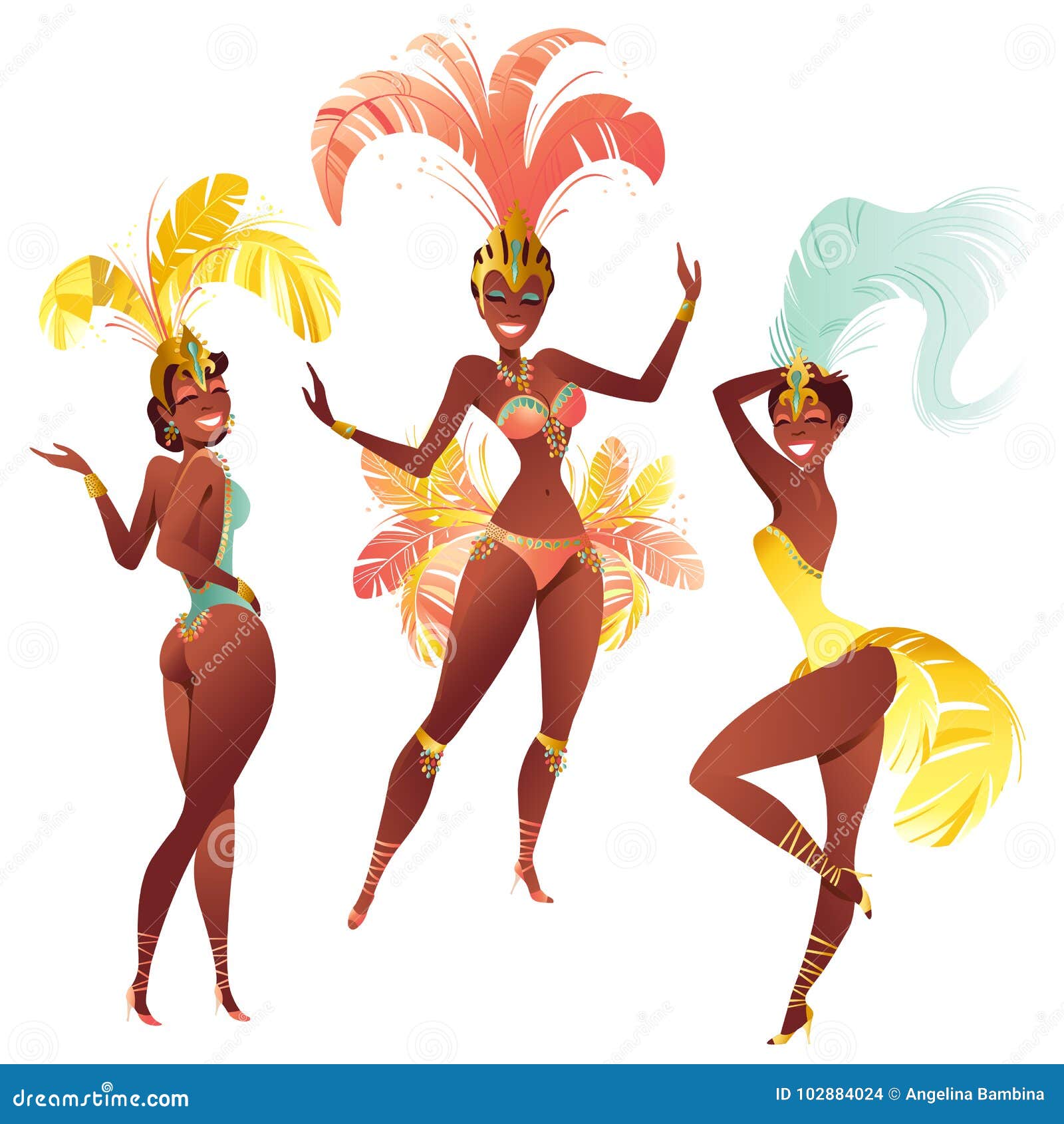 set of brazilian samba dancers.  carnival girls wearing a festival costume is dancing.