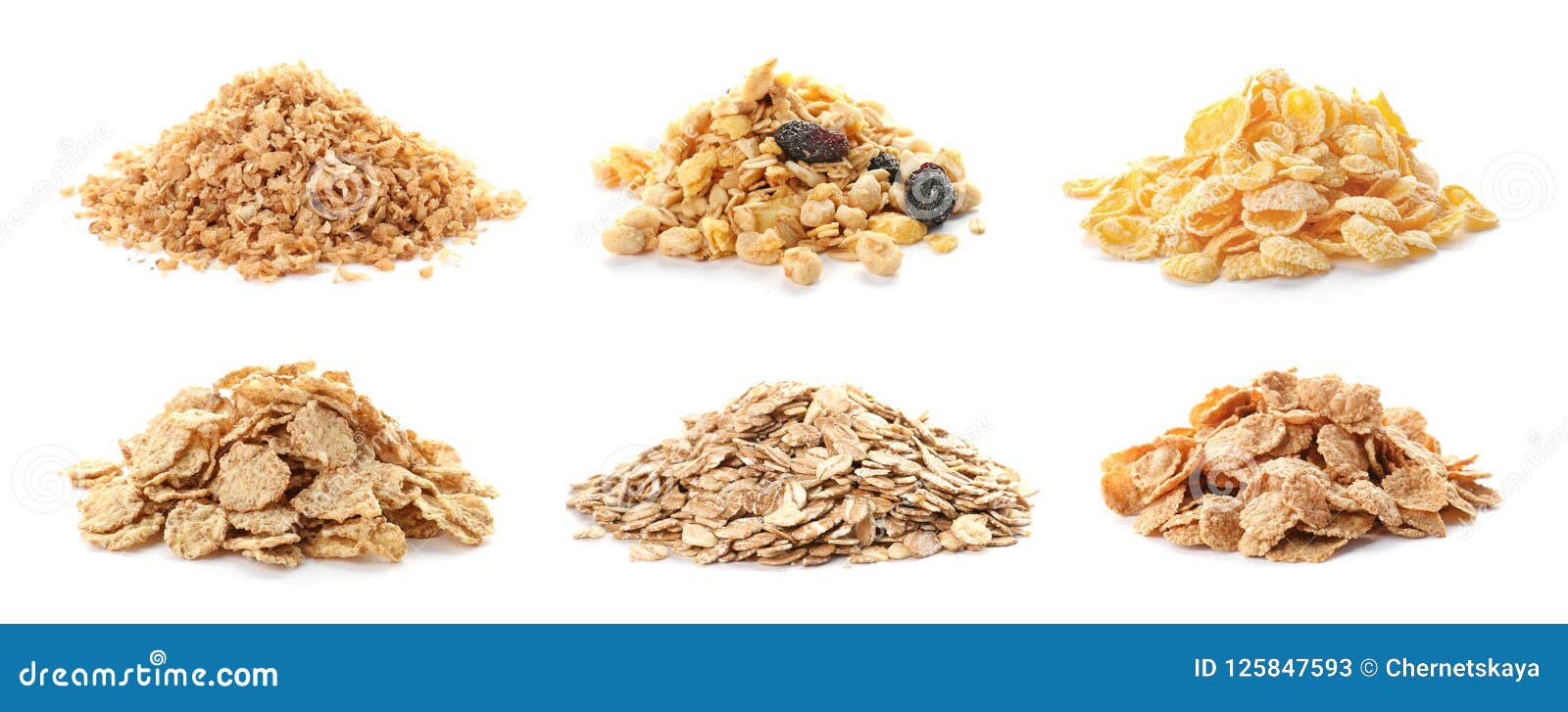 set with breakfast cereals on white background