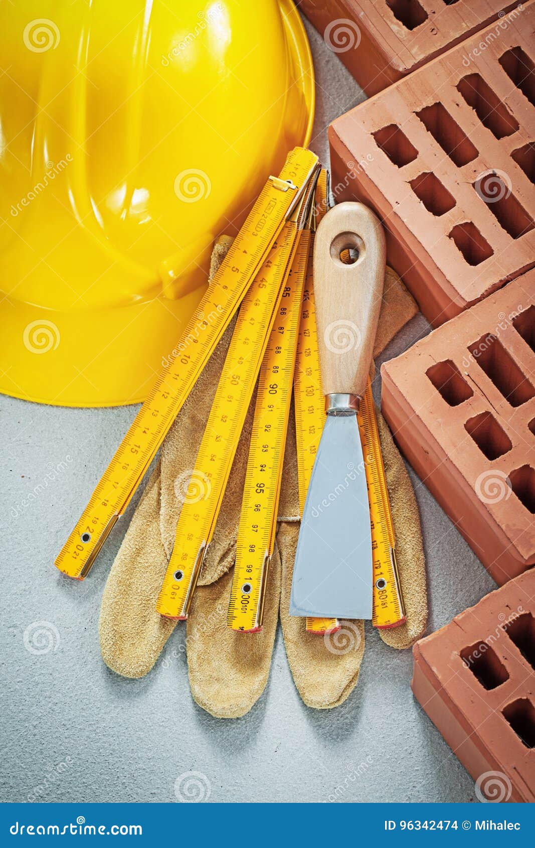 Set of Bricklaying Tools on Concrete Background Building Concept Stock
