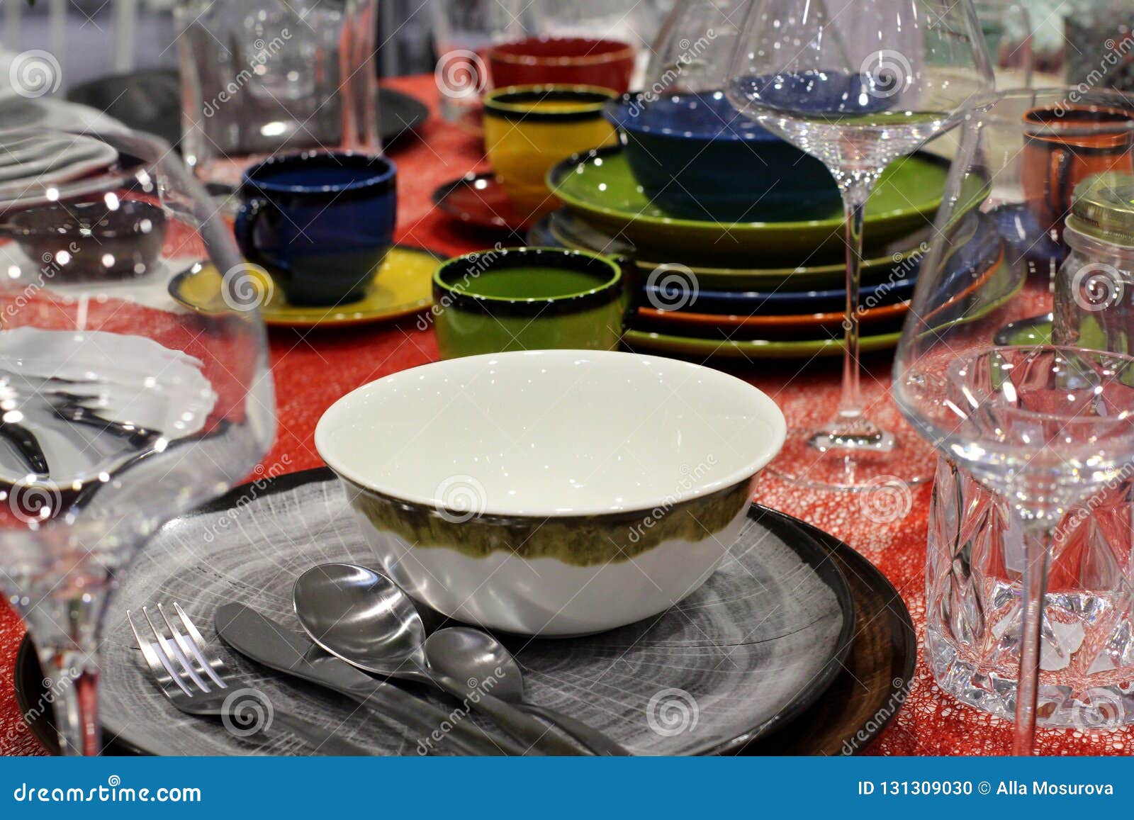 Set of Bright Beautiful Dishes and Glasses on the Table Stock Photo ...