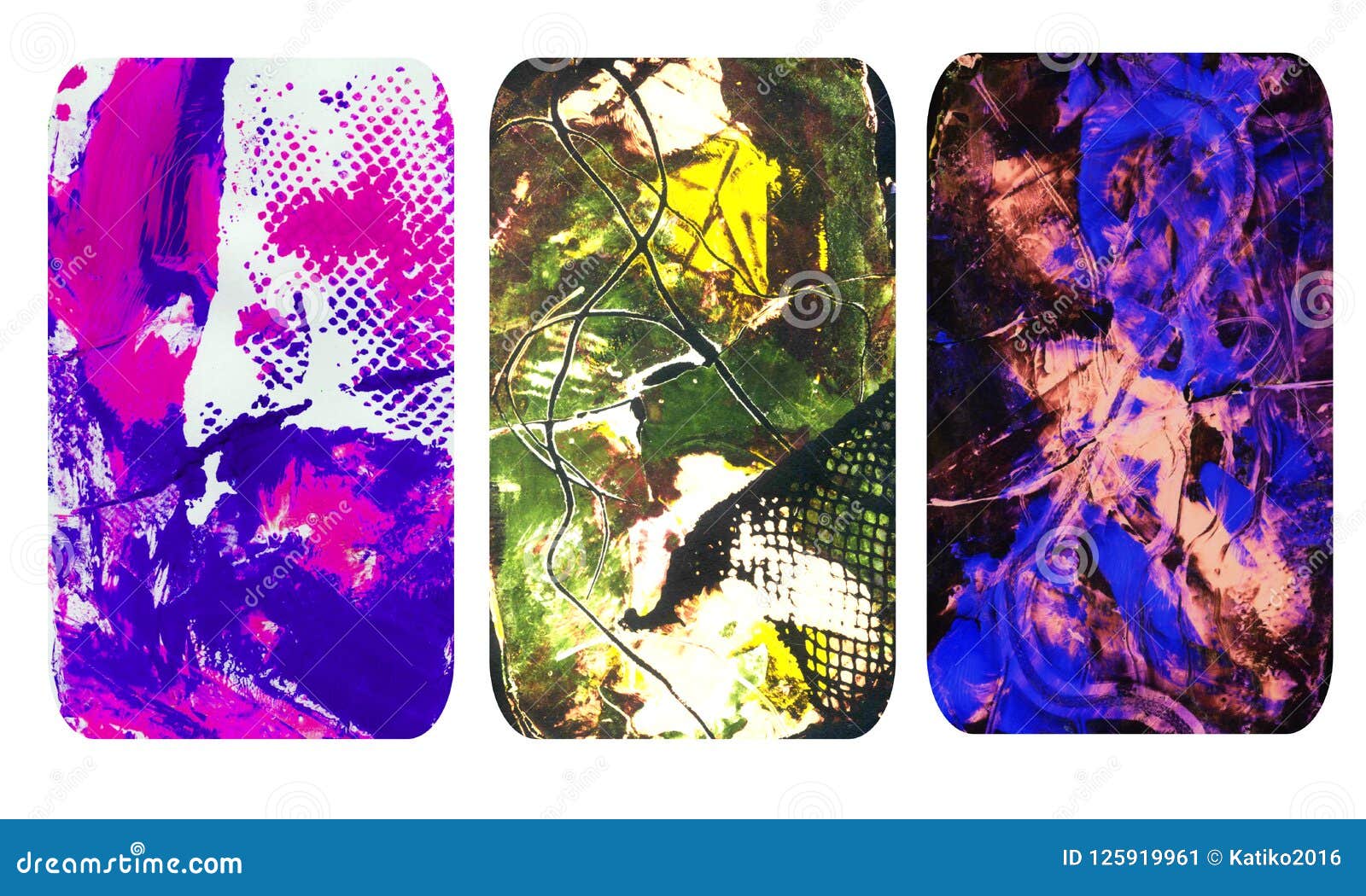 set of bright blurred abstract textures. colorful handmade backgrounds with imprints, stains, scuffed areas.